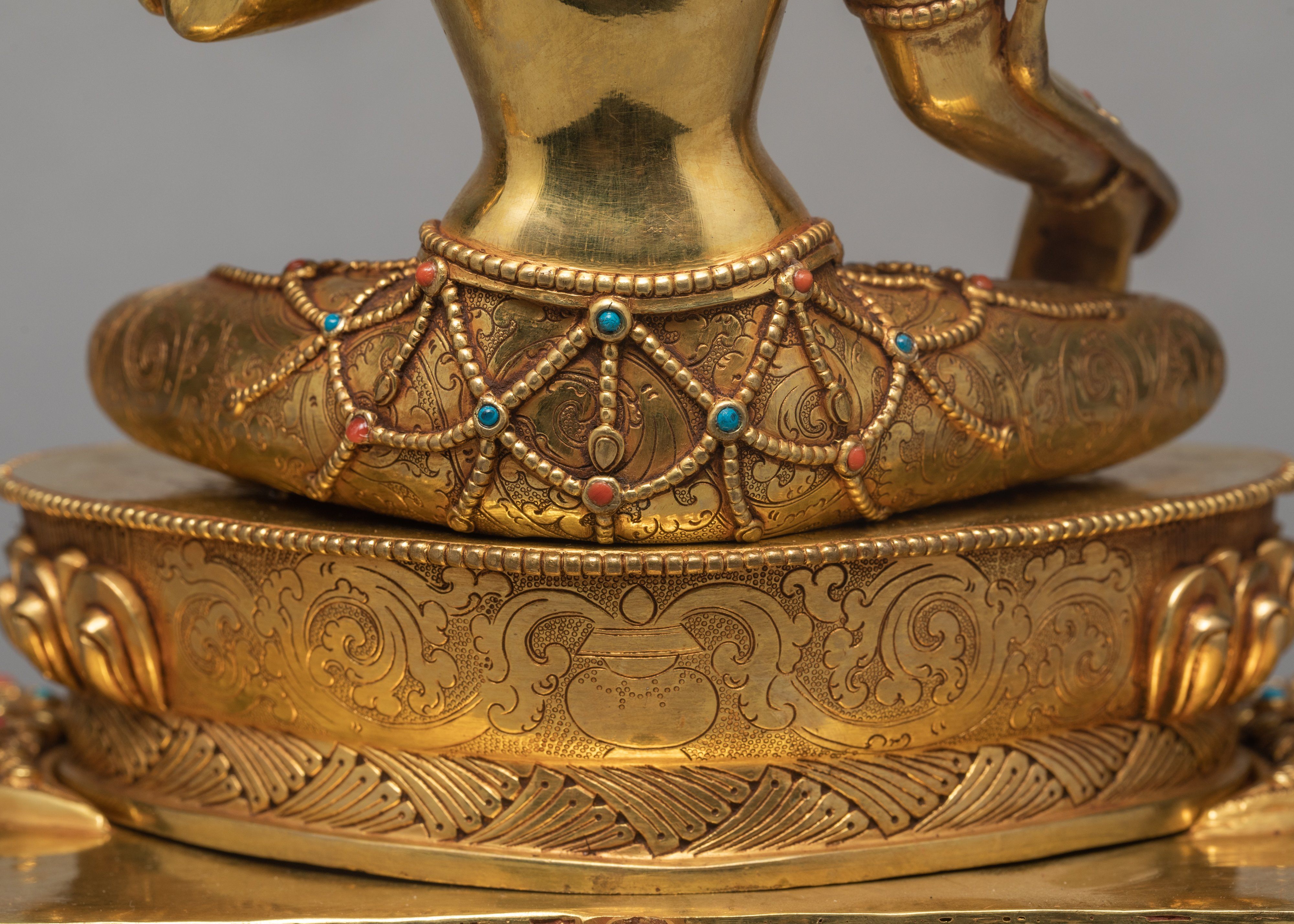 Green Tara Statue, Tara in Throne Statue, Hand-made and 24K Gold Gilded Art