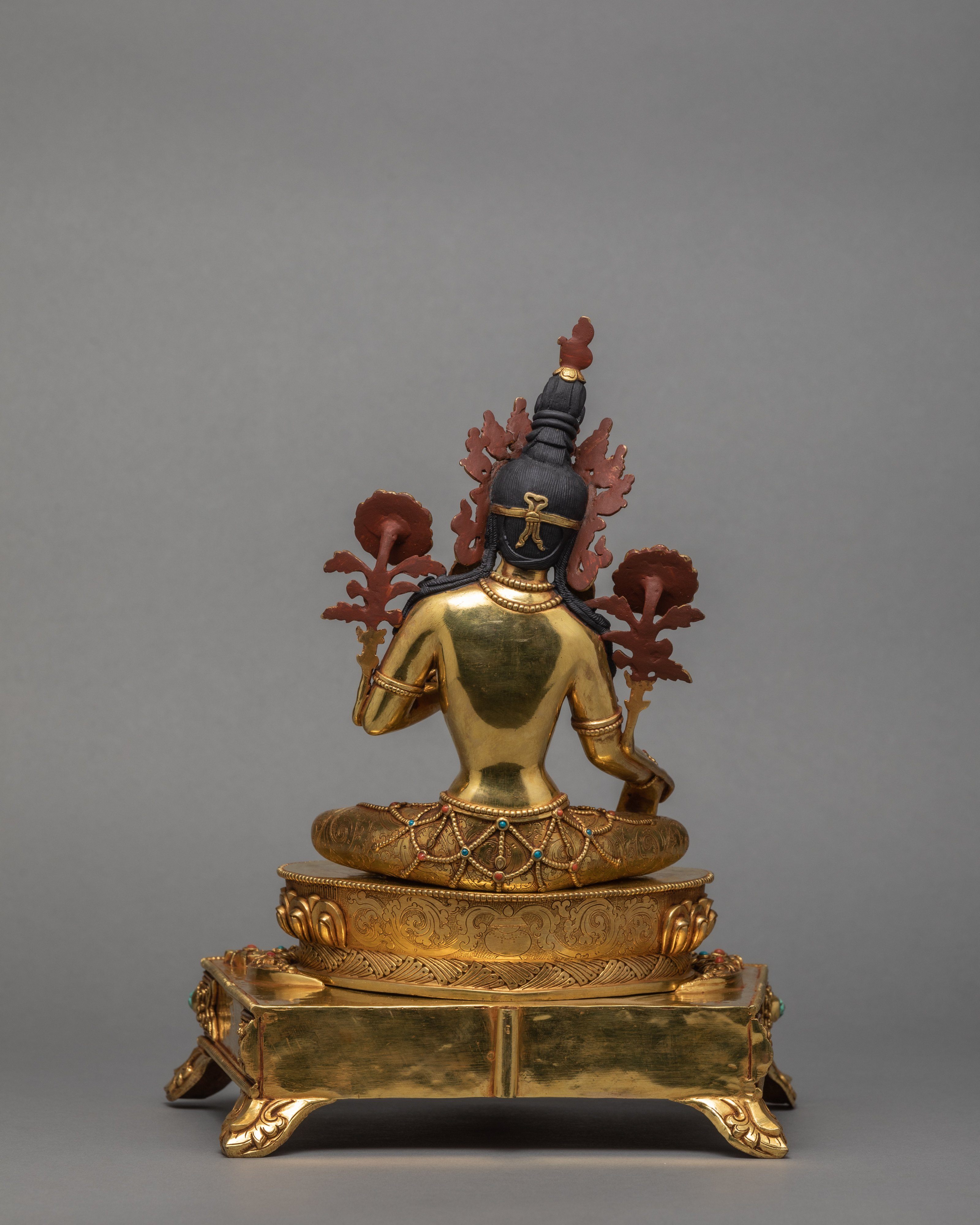 Green Tara Statue, Tara in Throne Statue, Hand-made and 24K Gold Gilded Art
