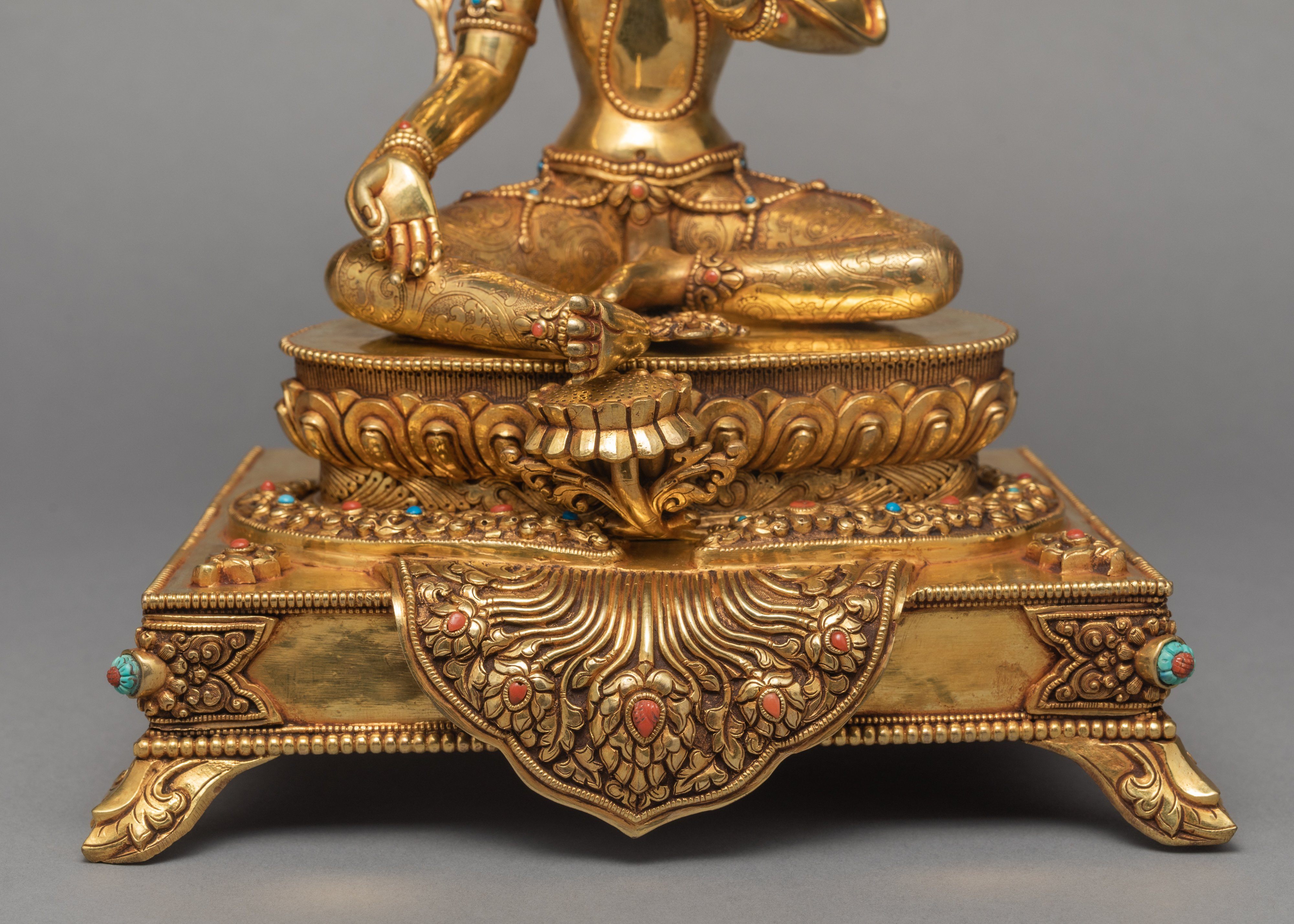 Green Tara Statue, Tara in Throne Statue, Hand-made and 24K Gold Gilded Art