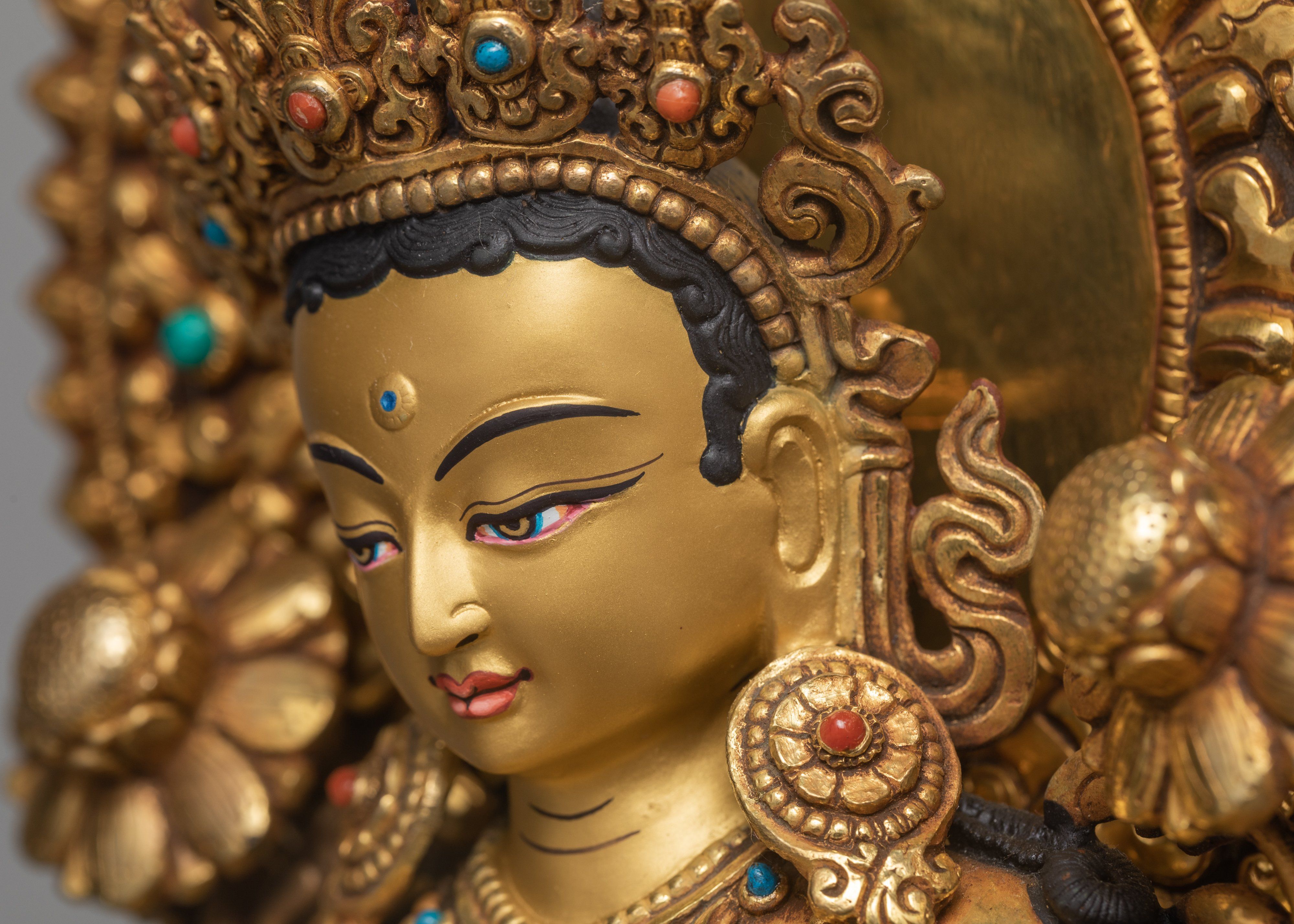Green Tara Statue, Tara in Throne Statue, Hand-made and 24K Gold Gilded Art