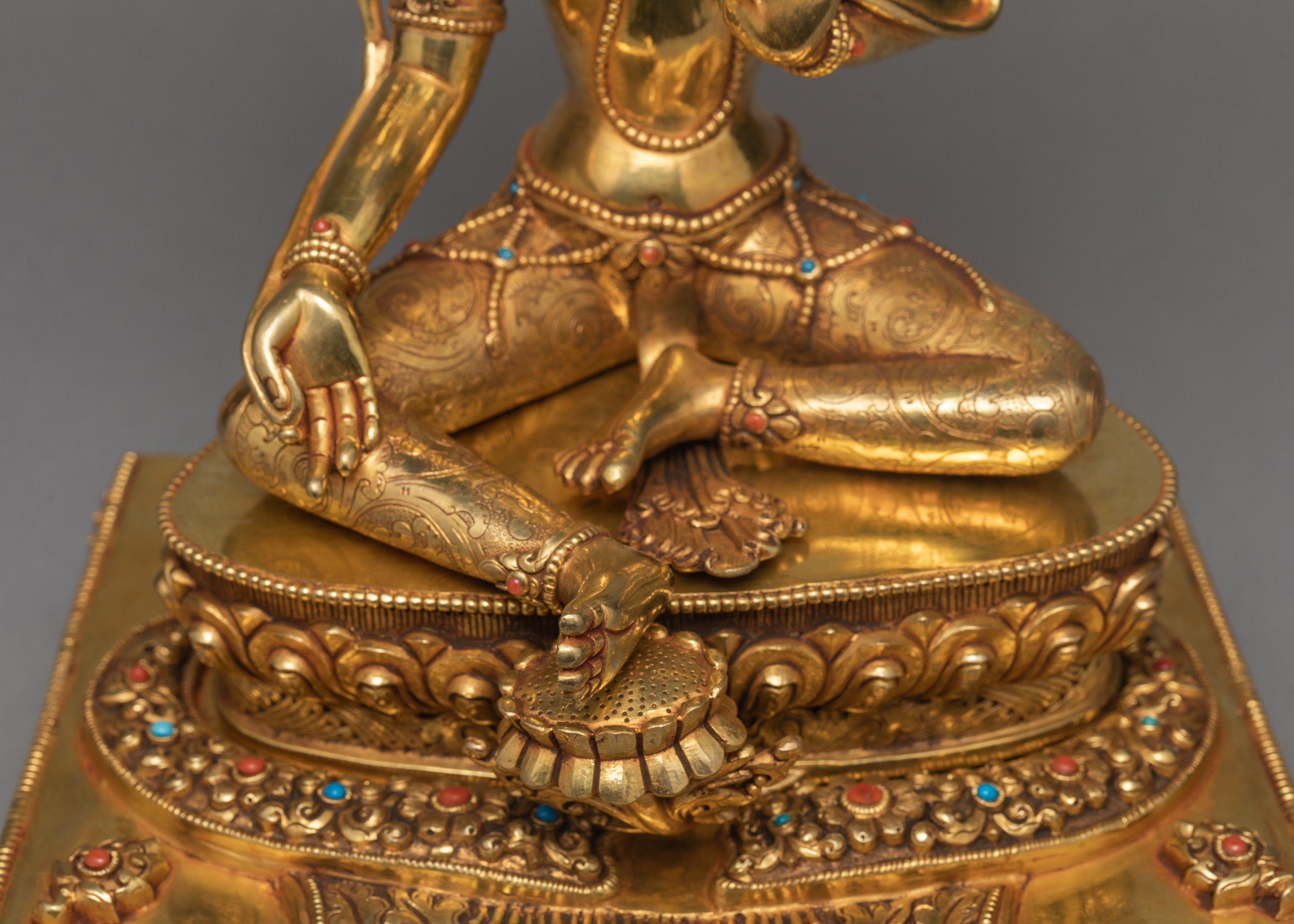 Green Tara Statue, Tara in Throne Statue, Hand-made and 24K Gold Gilded Art
