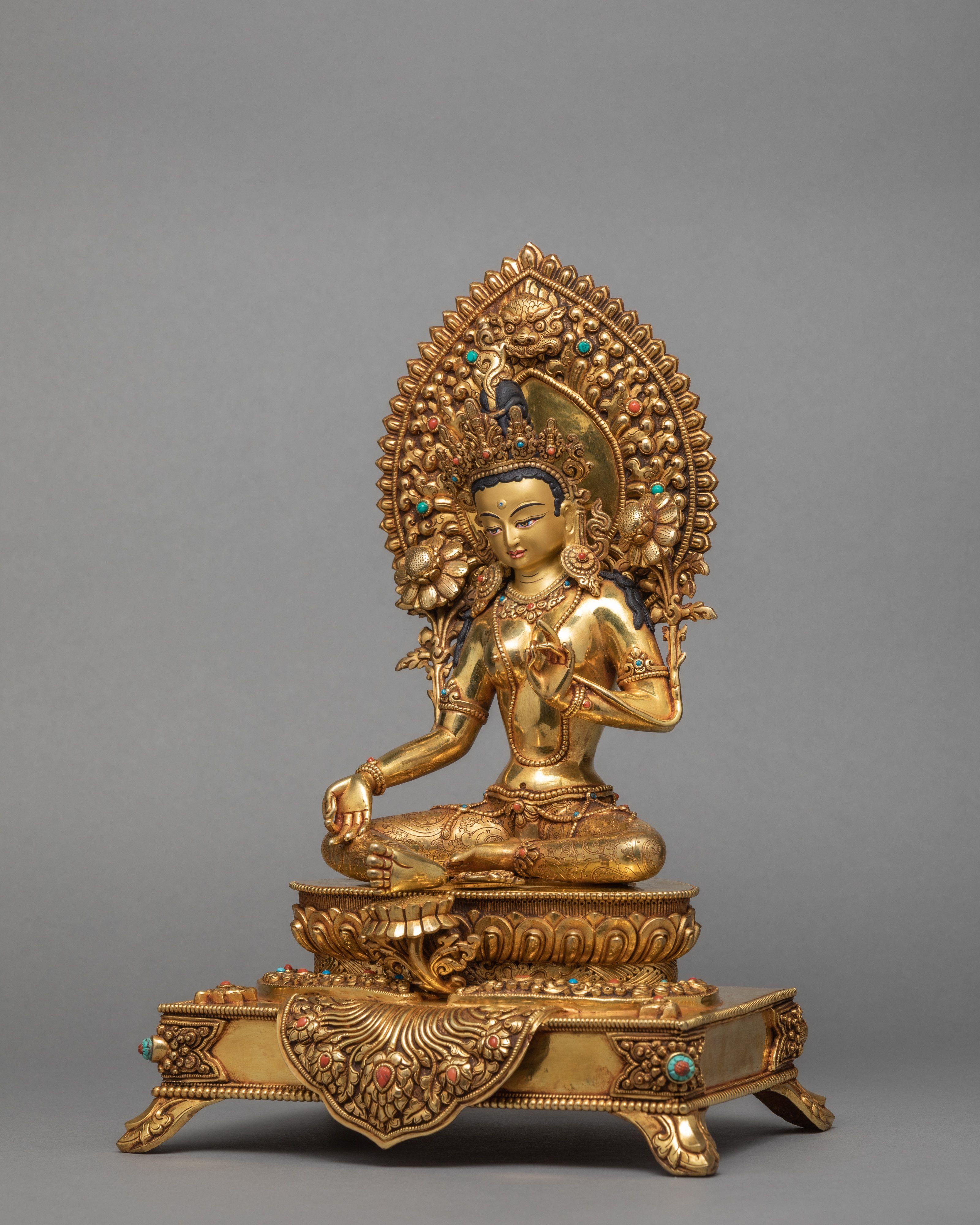 Green Tara Statue, Tara in Throne Statue, Hand-made and 24K Gold Gilded Art