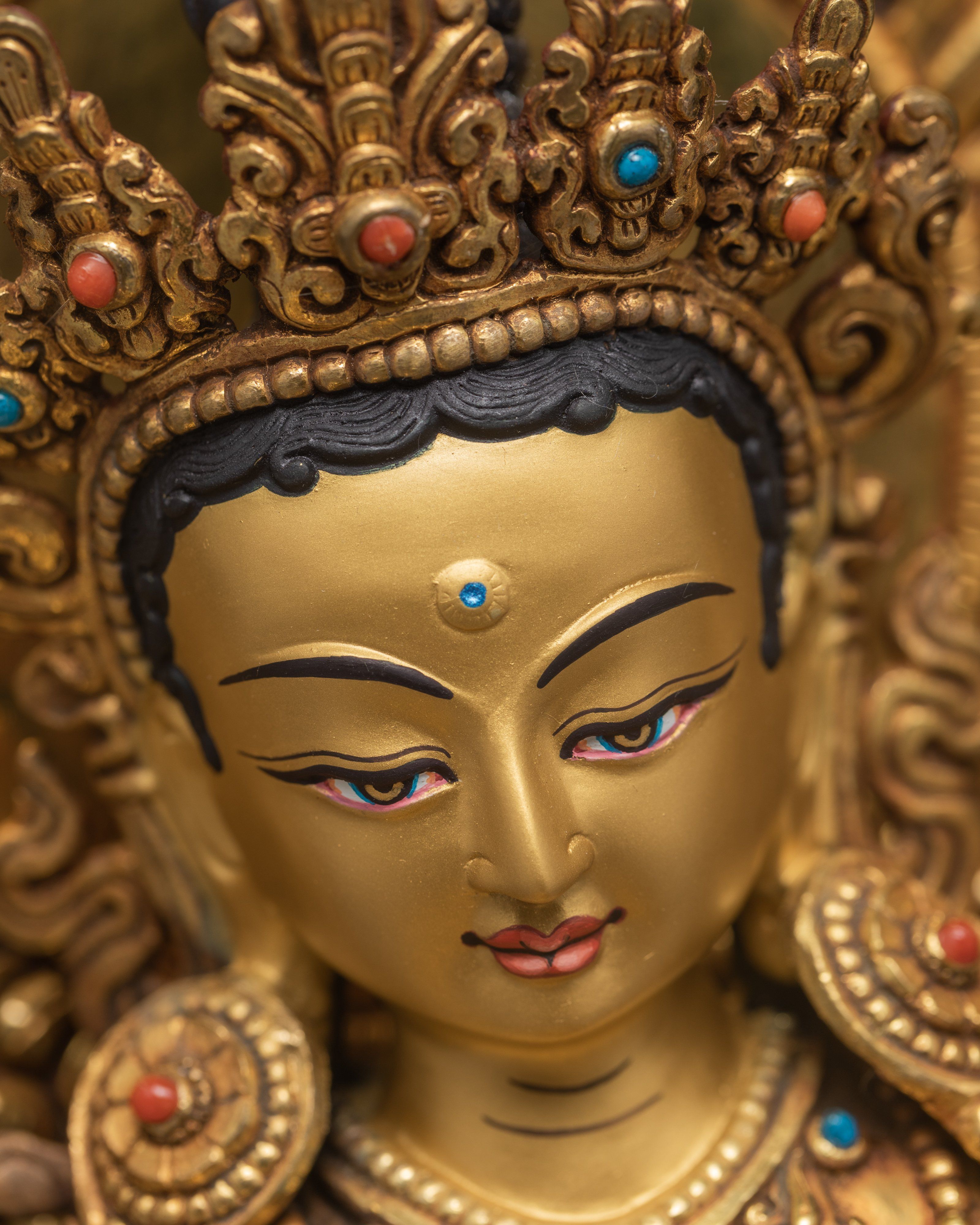 Green Tara Statue, Tara in Throne Statue, Hand-made and 24K Gold Gilded Art