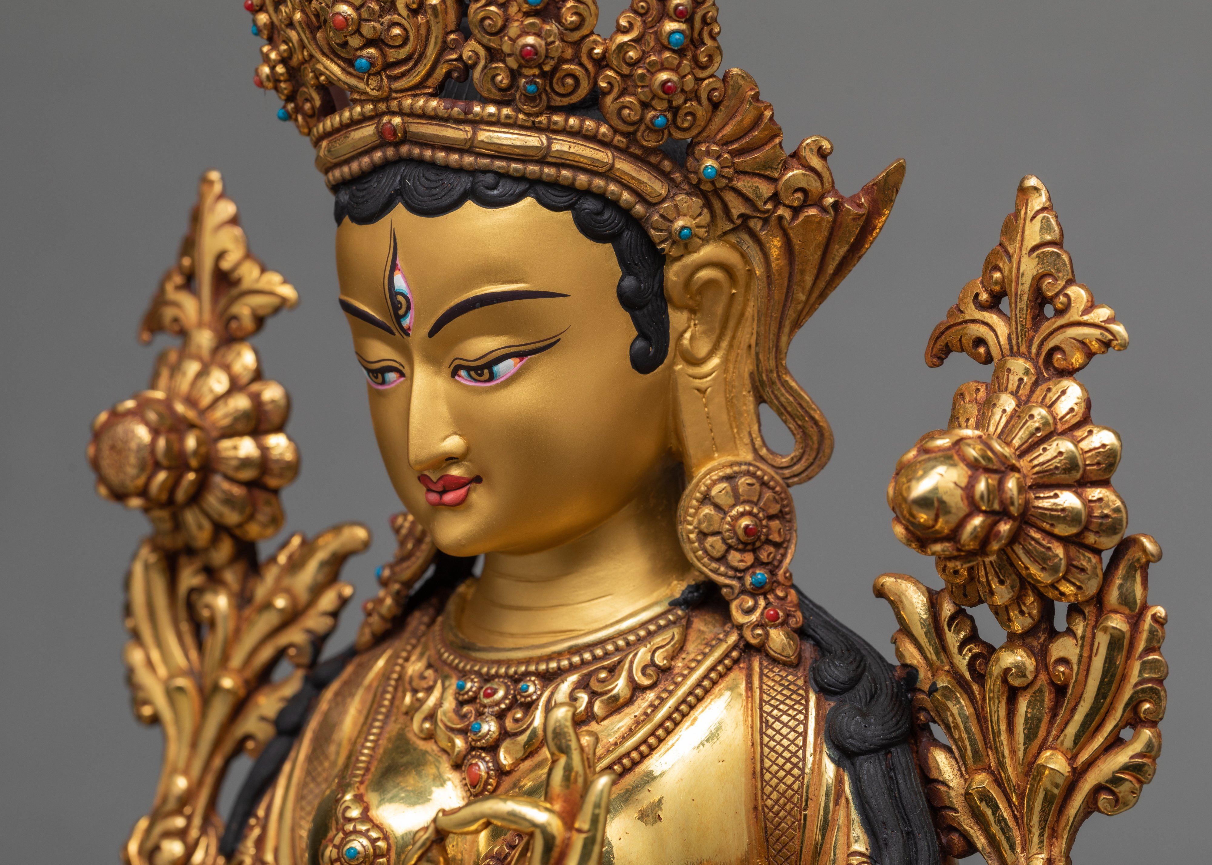 Mother White Tara, 24K Gold Plated Statue, Traditionally Hand Carved Tara