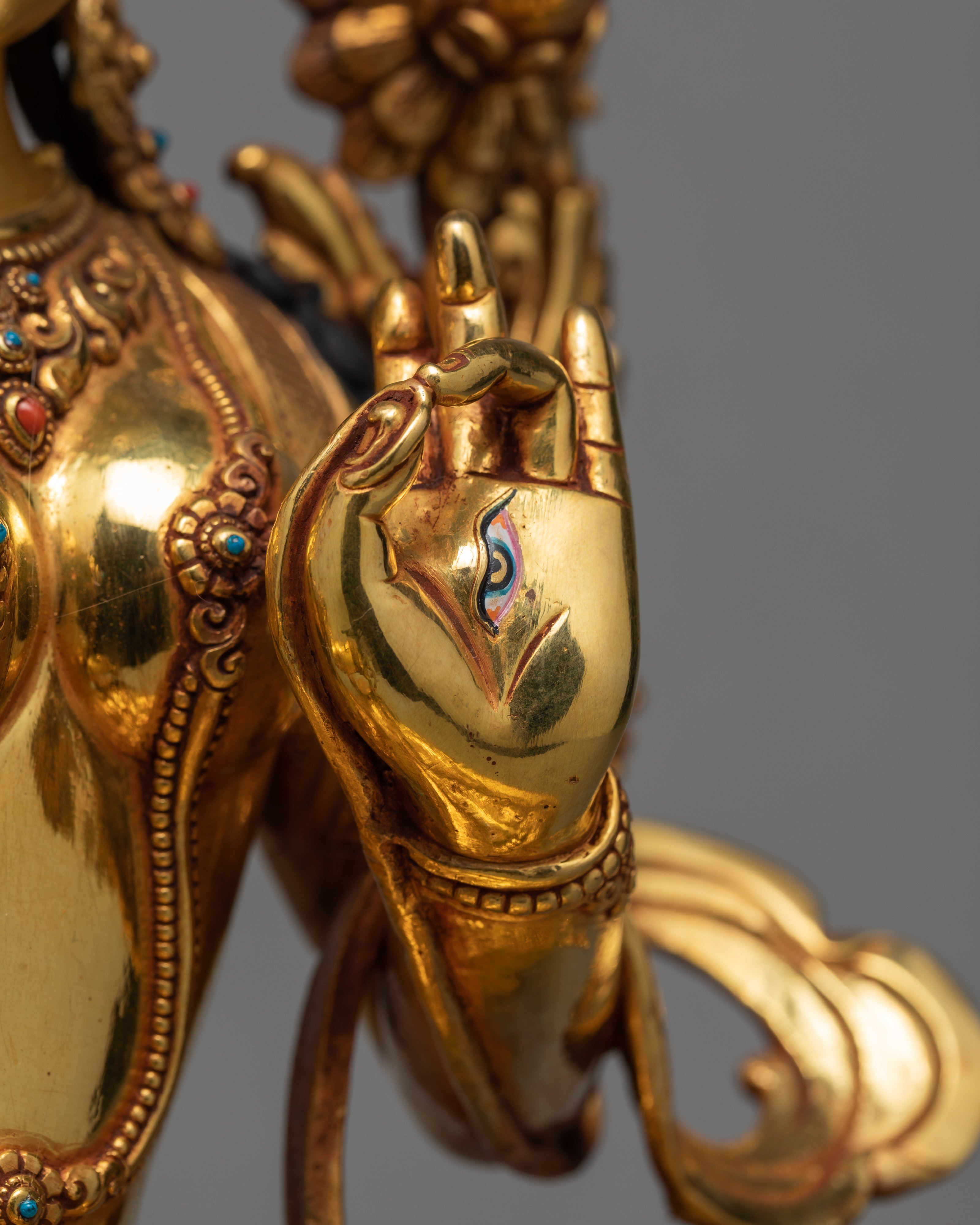 Mother White Tara, 24K Gold Plated Statue, Traditionally Hand Carved Tara