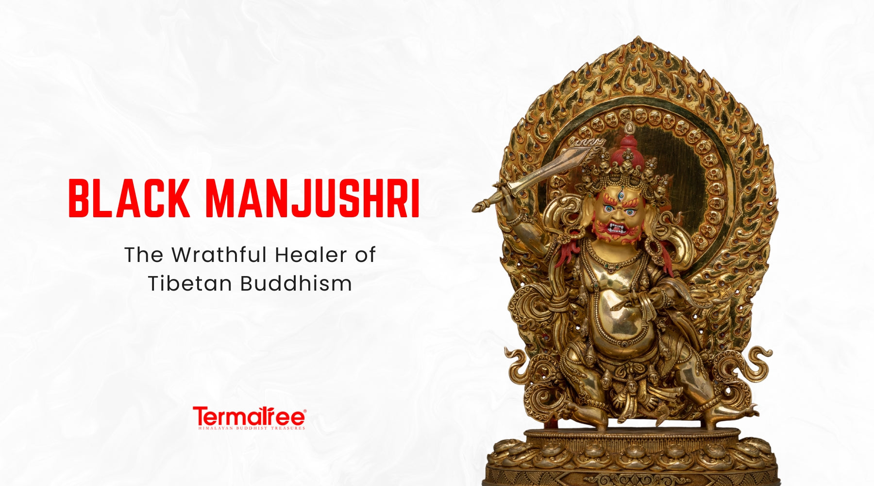 Black Manjushri, called in Tibetan Jampel Nagpo, is an energetic and wrathful manifestation of the Bodhisattva of Wisdom, revered for the fierce compassion and healing power of wisdom in Vajrayāna Buddhism.