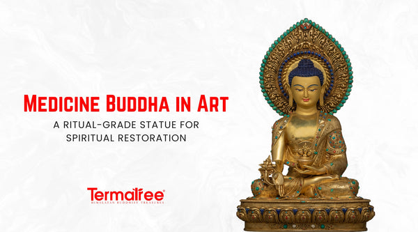 The exclusive 24k gold gilded copper statue of Medicine Buddha, created by TermaTree Himalayan artisans, represents Bhaiṣajyaguru's healing energy. 