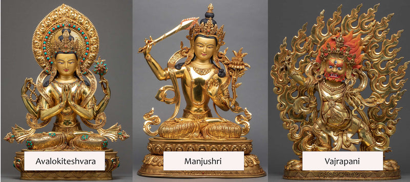 The Lords of Three World Manjushri Avalokiteshvara and Vajrapani Gold Plated Statue