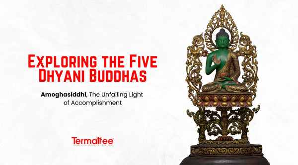 Amoghasiddhi is one of the Five Dhyani Buddhas in Mahayana and Vajrayana Buddhism, representing enlightened activity and accomplishment without fear. 