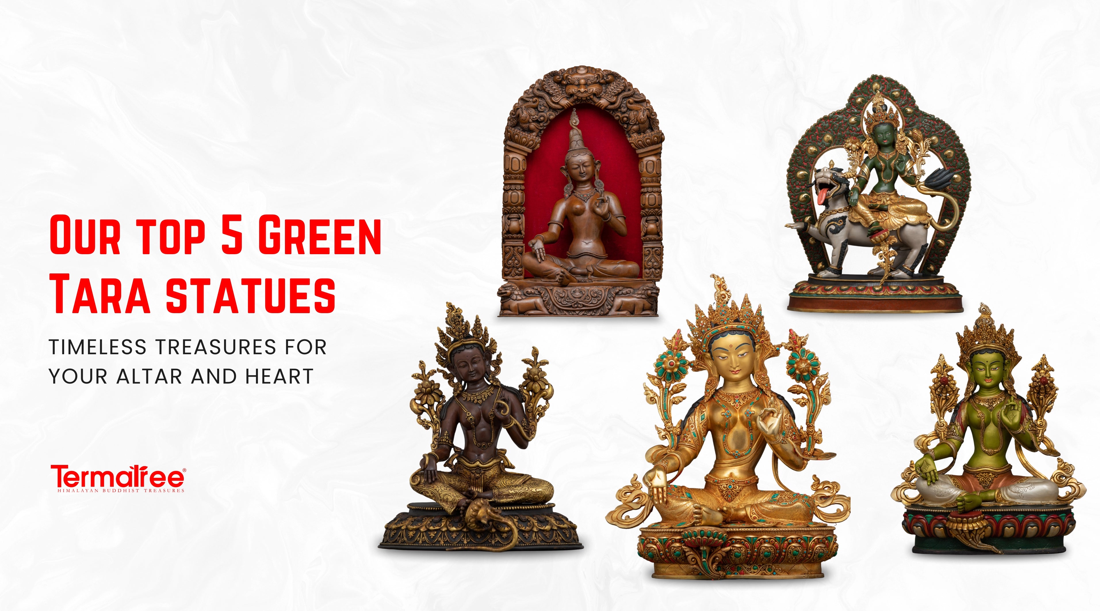 With this curated collection of five beautiful Green Tara statues from TermaTree, all hand-made with devotion and spiritual integrity