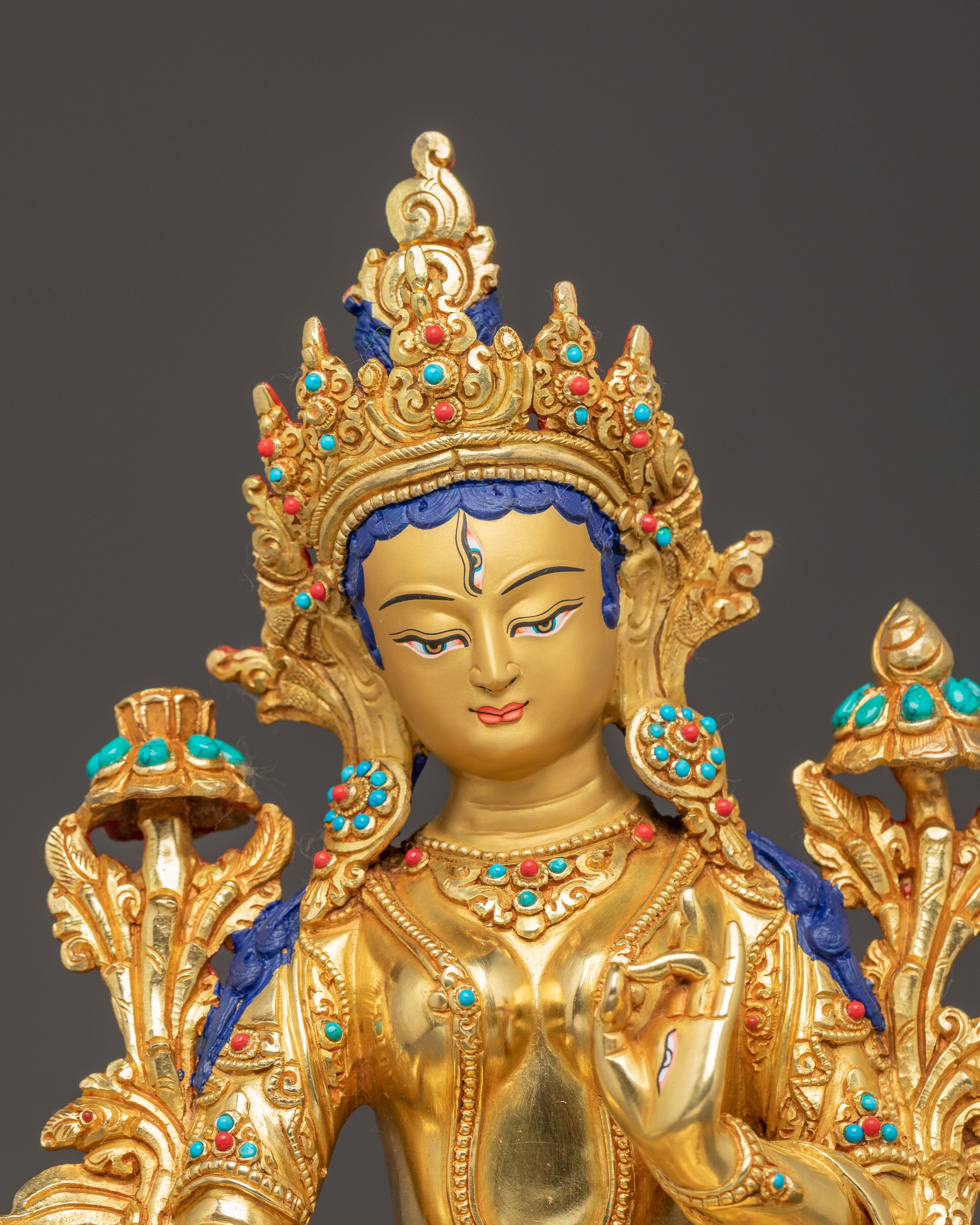 Sacred Seven-Eyed Deity White Tara Golden Sculpture