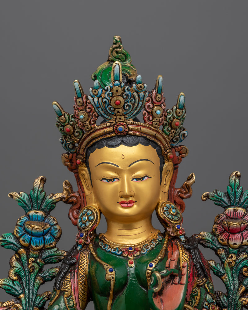 Handcrafted Empathetic Green Tara Deity | 24K Gold-Gilded Buddhist Statue