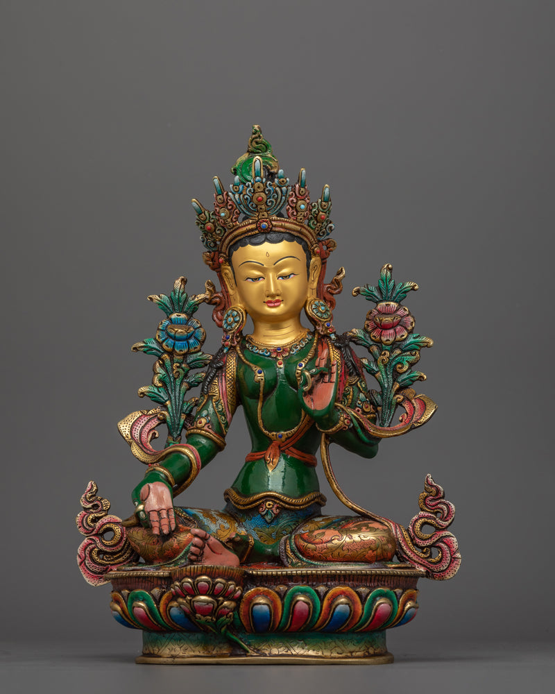 Handcrafted Empathetic Green Tara Deity | 24K Gold-Gilded Buddhist Statue