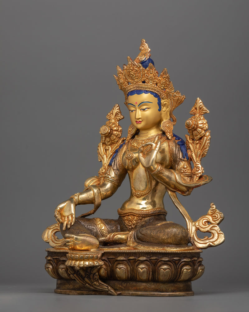 Green Tara Spiritual Decor for Divine Protection | Elegantly Gold Gilded Green Tara Statue