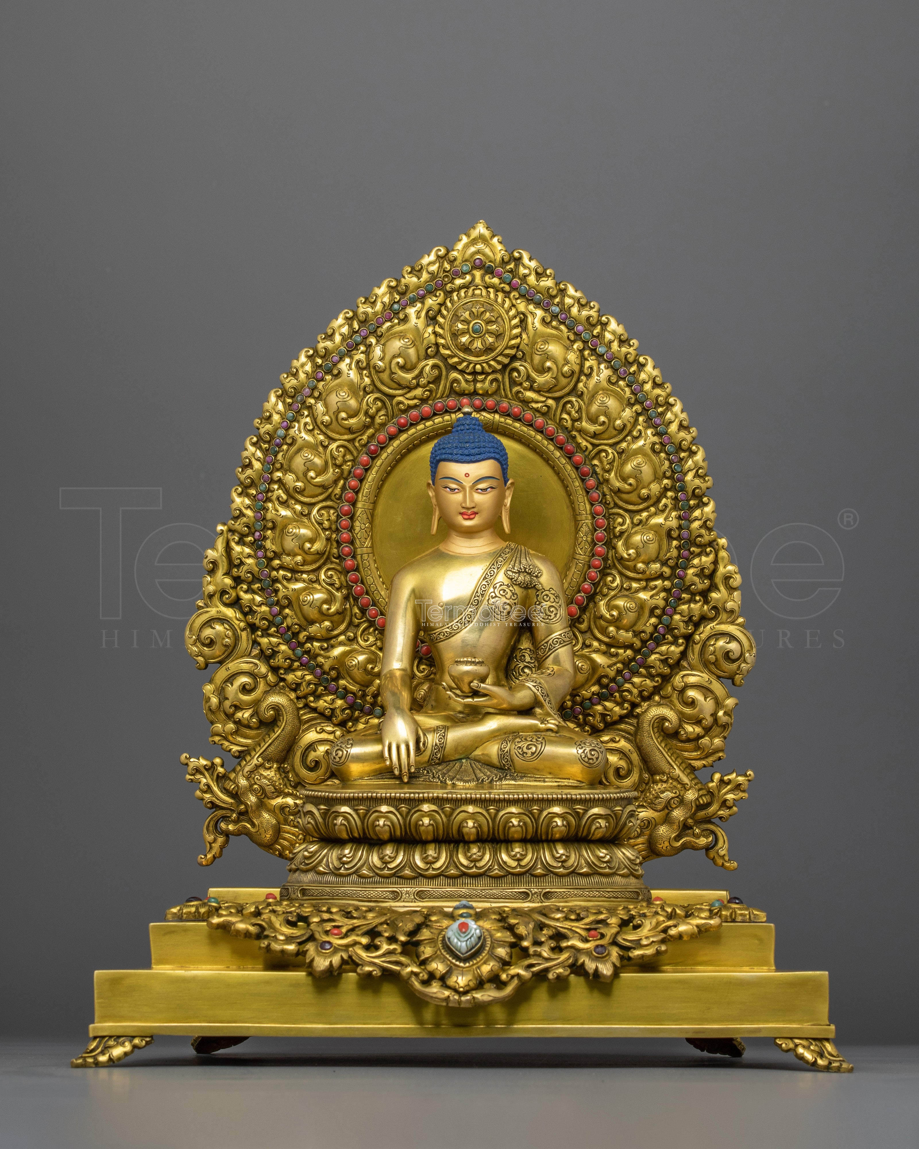 Handcarved Enlightened Shakyamuni Buddha in Throne | 24K Gold Gilded Statue