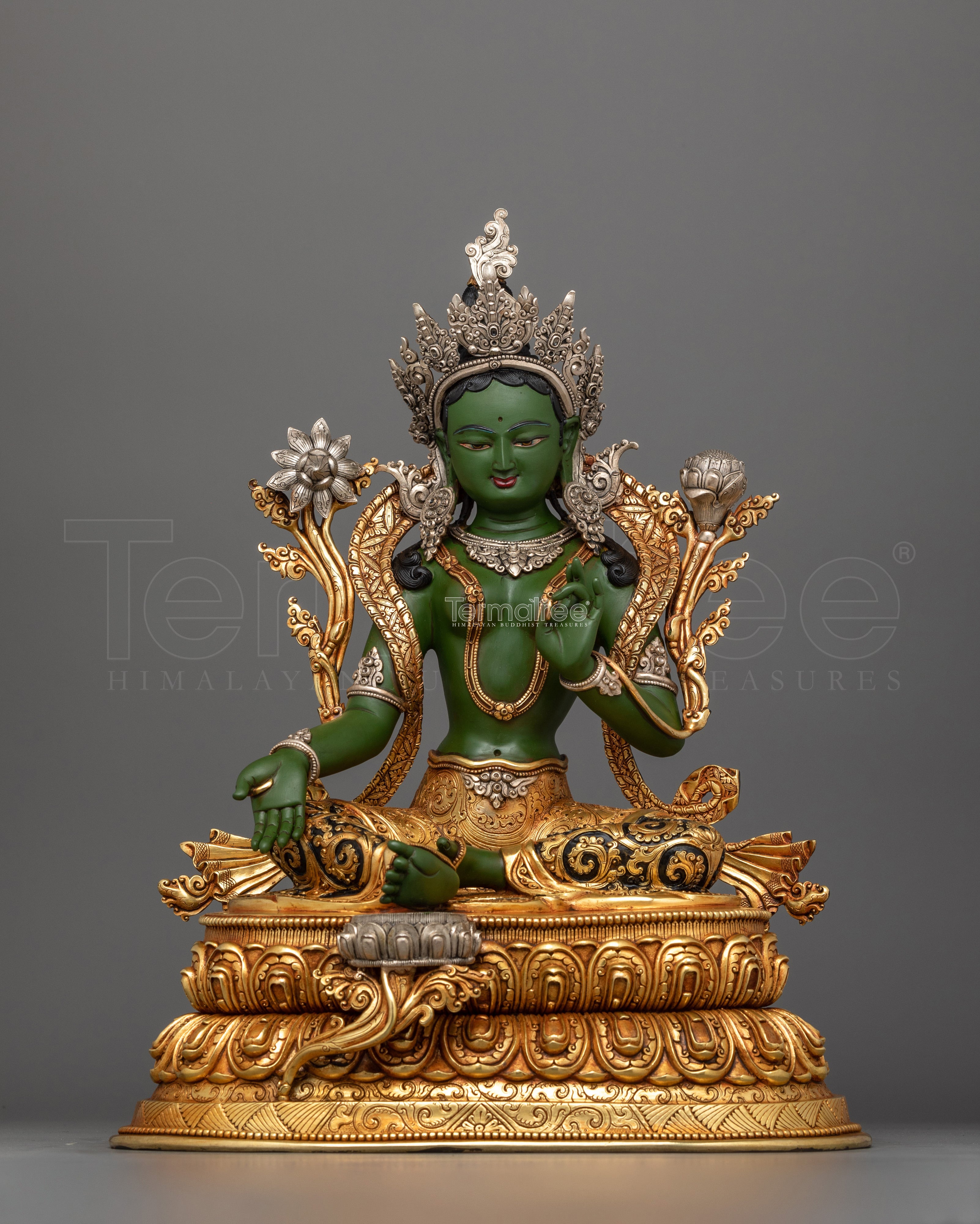 Elegant Green Tara Buddha Artwork | Handcrafted 24K Gold Gilded Statue