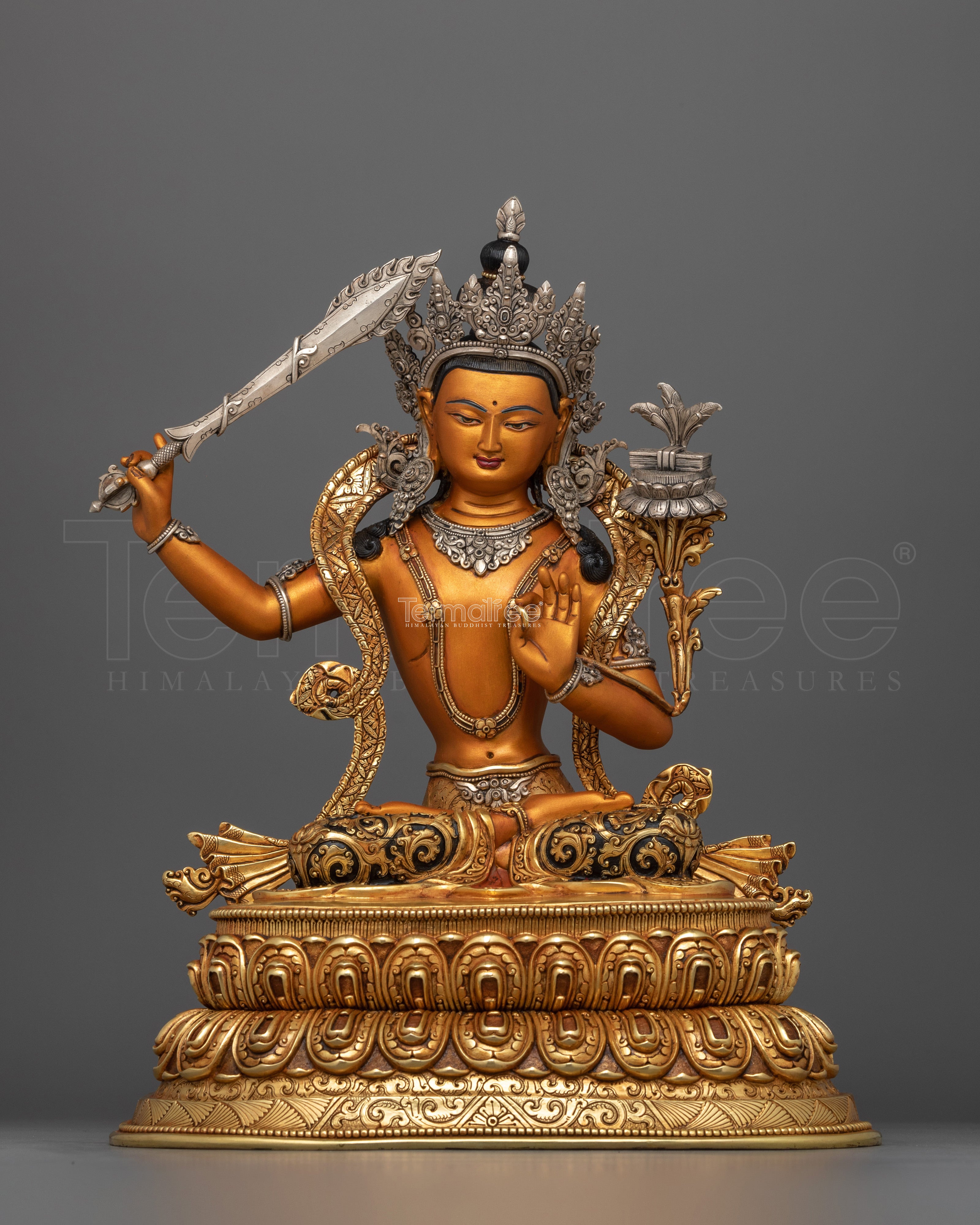 Manjushri Buddha of Knowledge Figurine | Handcrafted 24K Gold Gilded Statue