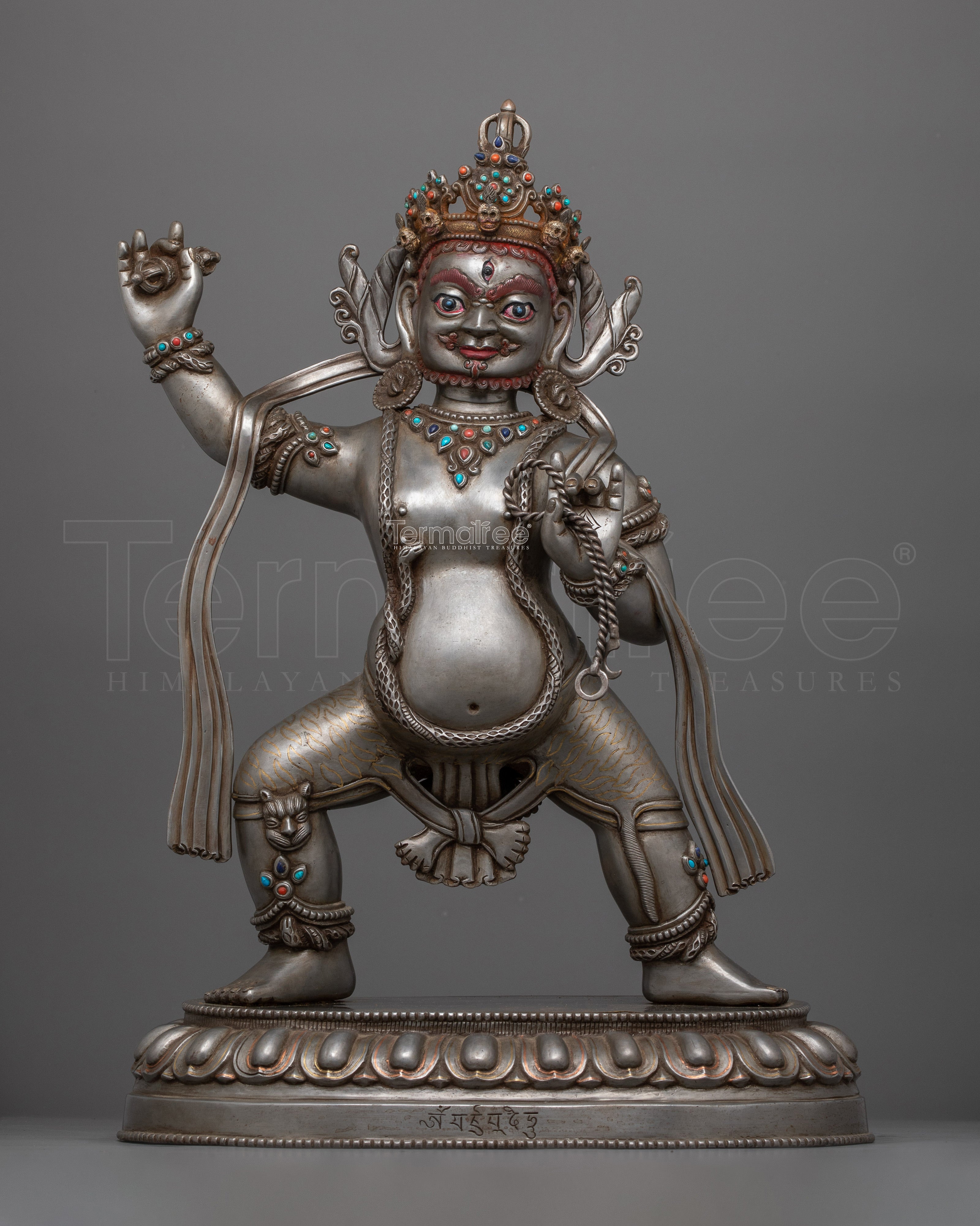 The Fierce Buddhist Protector Vajrapani Figurine | Handcrafted Gemstone Adorned Iron Art