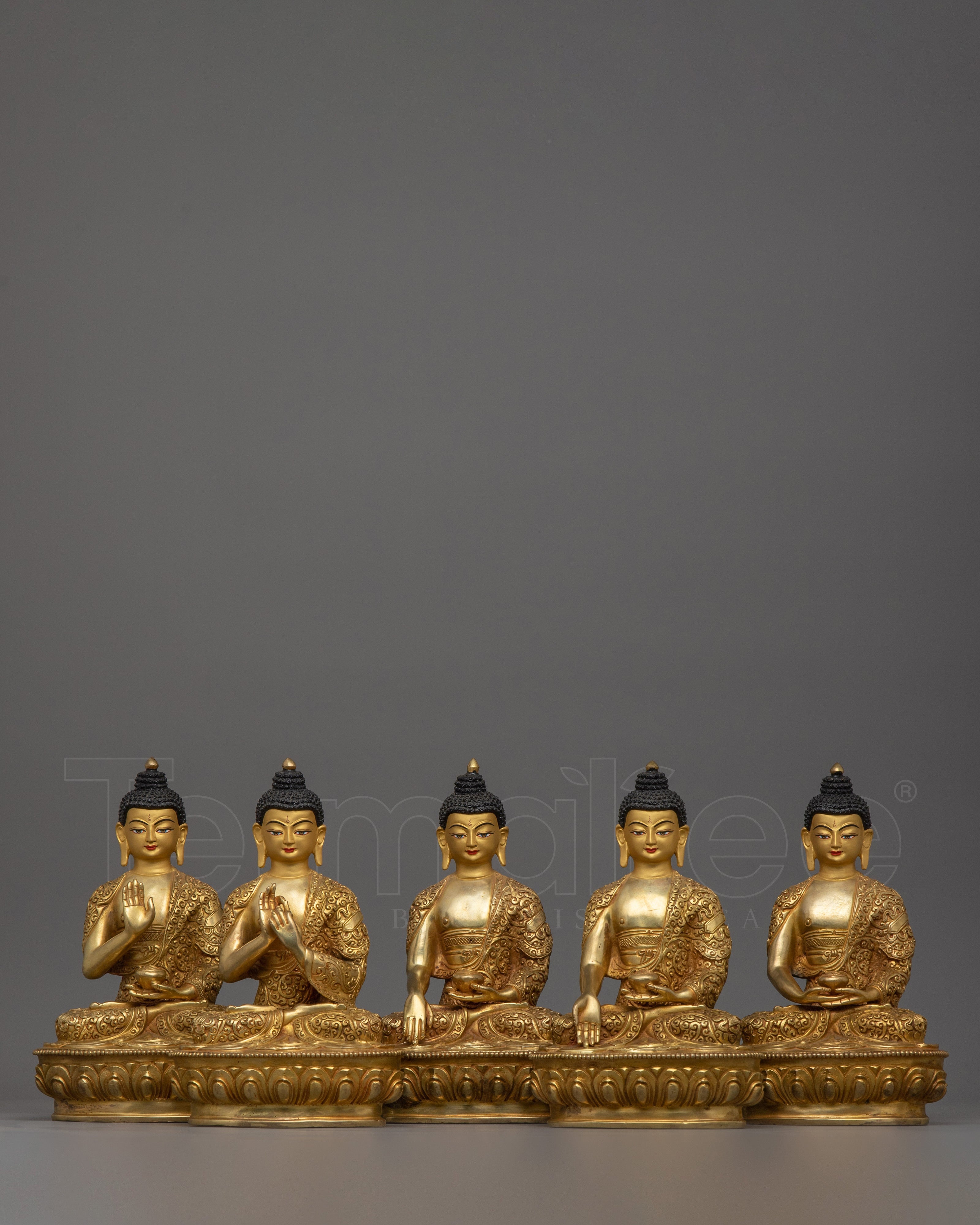 The Sacred Five Dhyani Buddha Set Statue | 24K Gold Gilded Tibetan Copper Statues