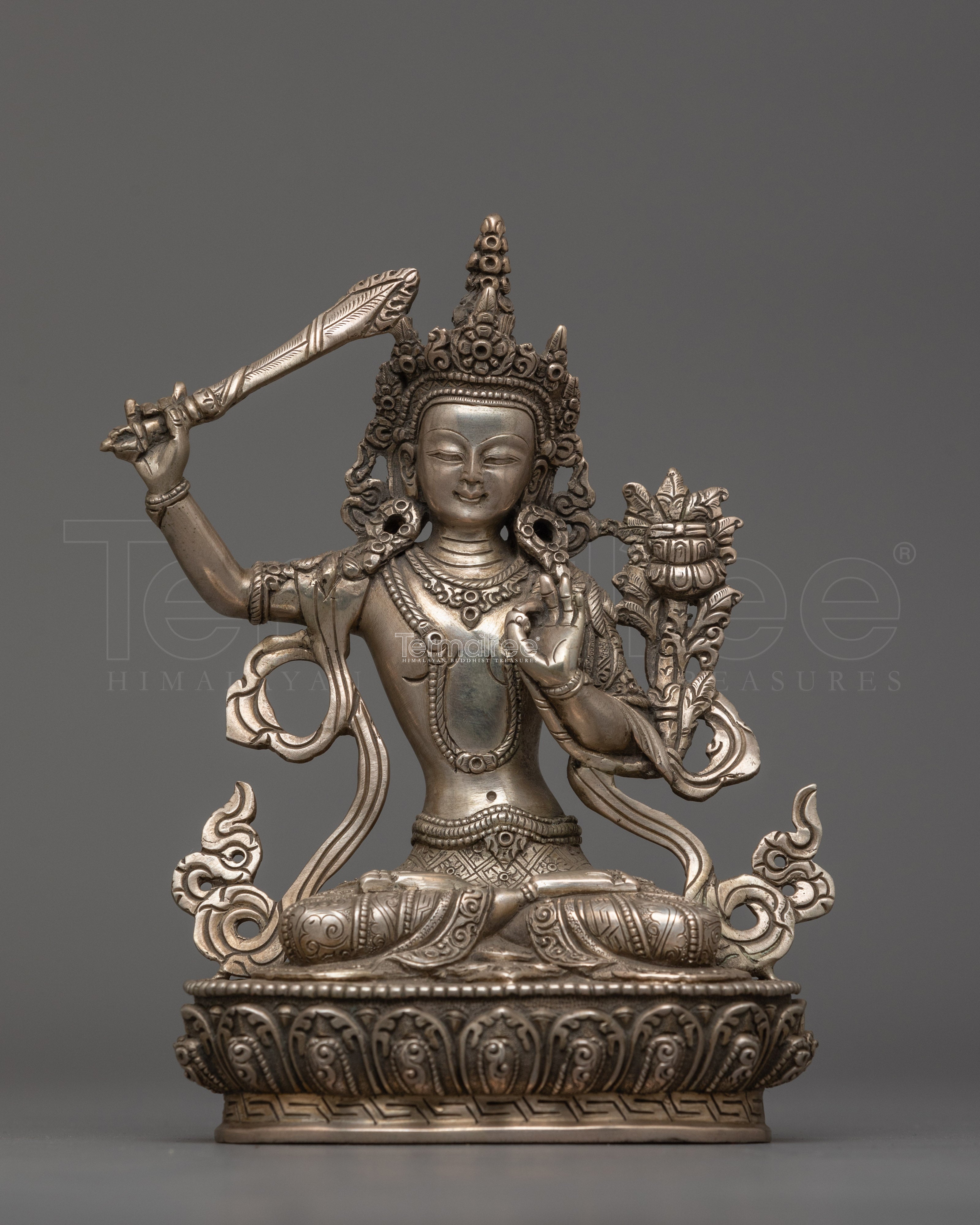 Deity of Wisdom Manjushri Bodhisattva Monument | Silver Plated Tibetan Artwork