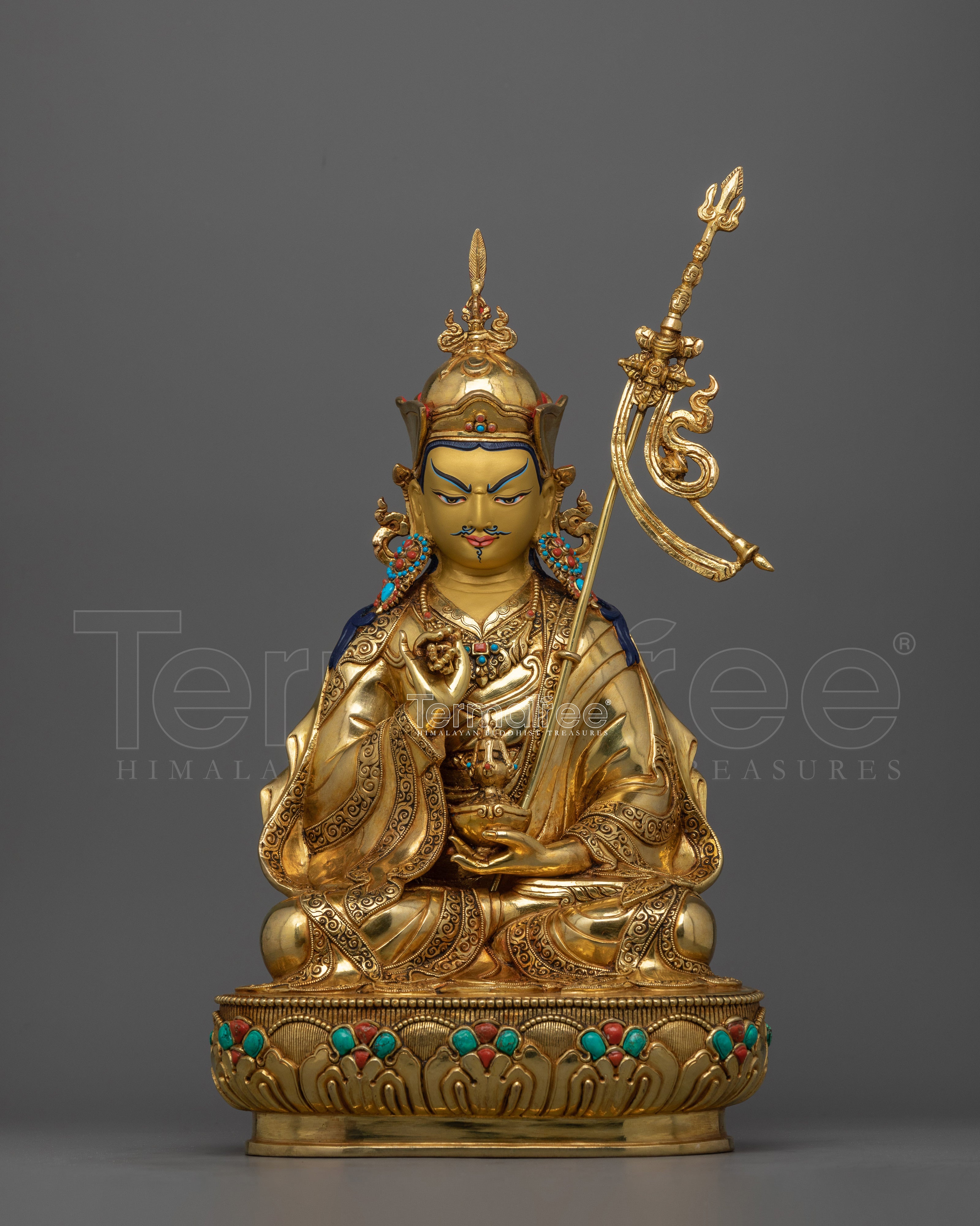 Rare Guru Tsokye Dorje Statue | 24K Gold Gilded with Hand-Carved Gemstones