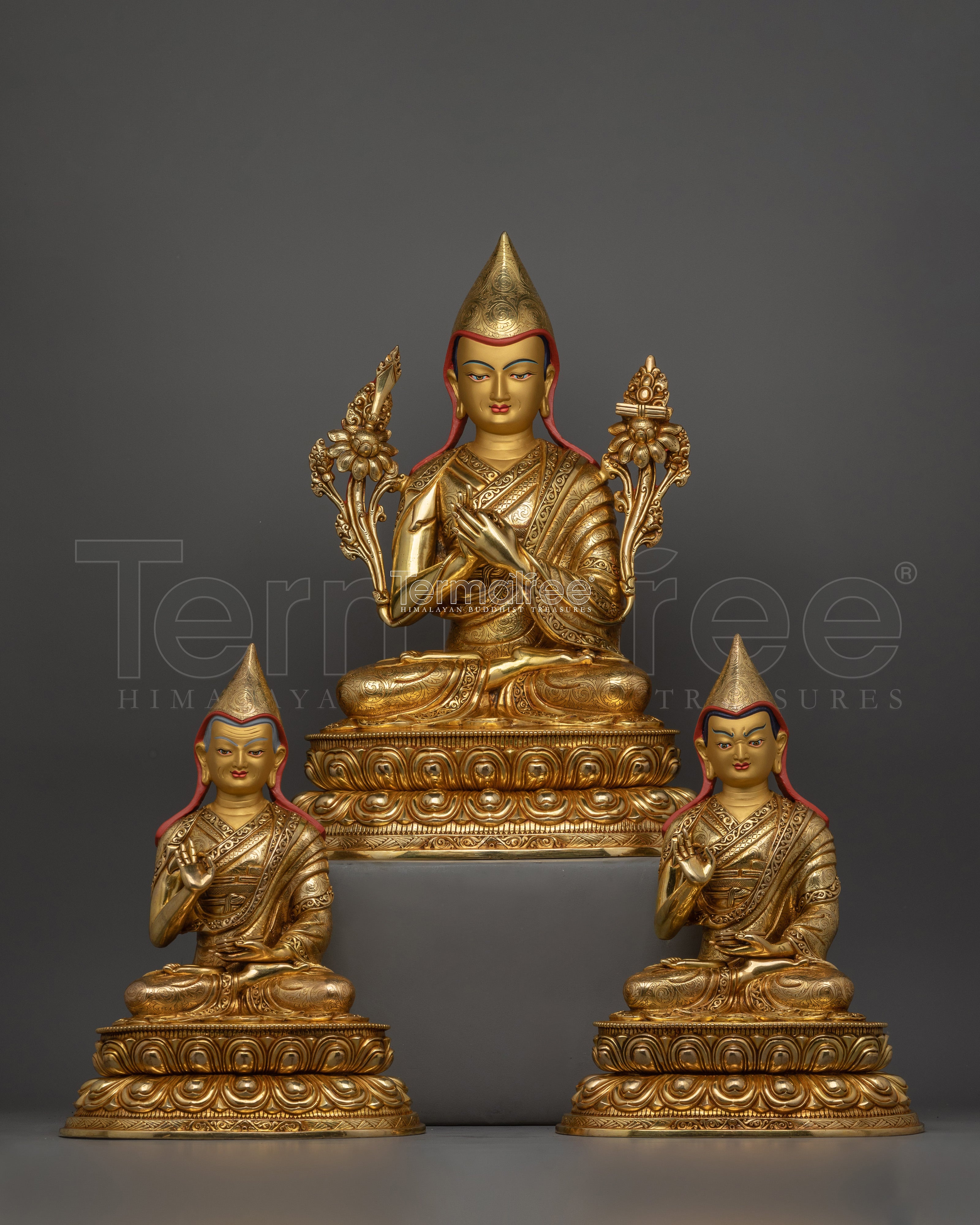 Exquisite Tsongkhapa Statue Set | Handcrafted 24K Gold Gilded Masterpieces