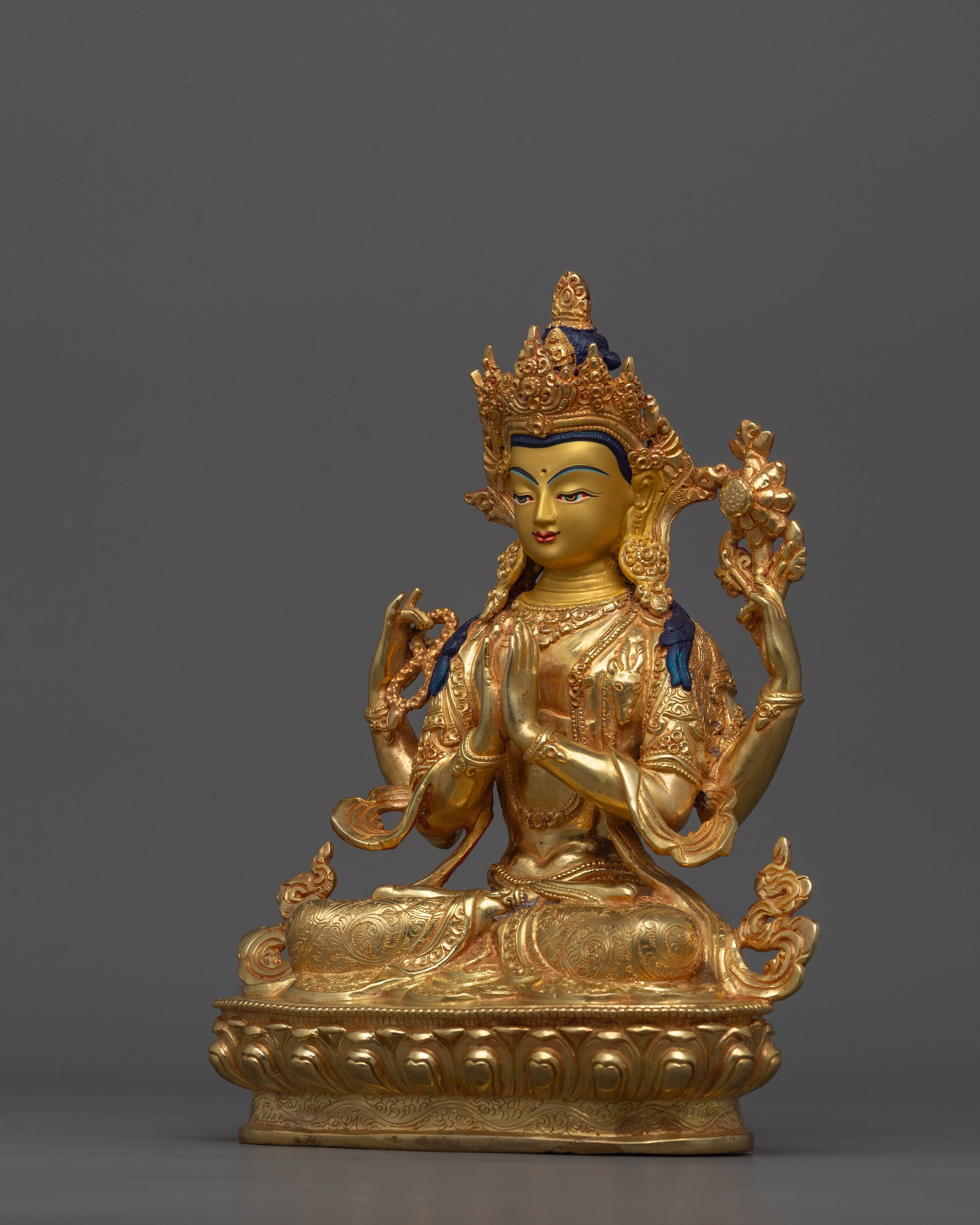 24K Gold Bodhisattva Deity Chenresig Statue | Tranquil Bodhisattva