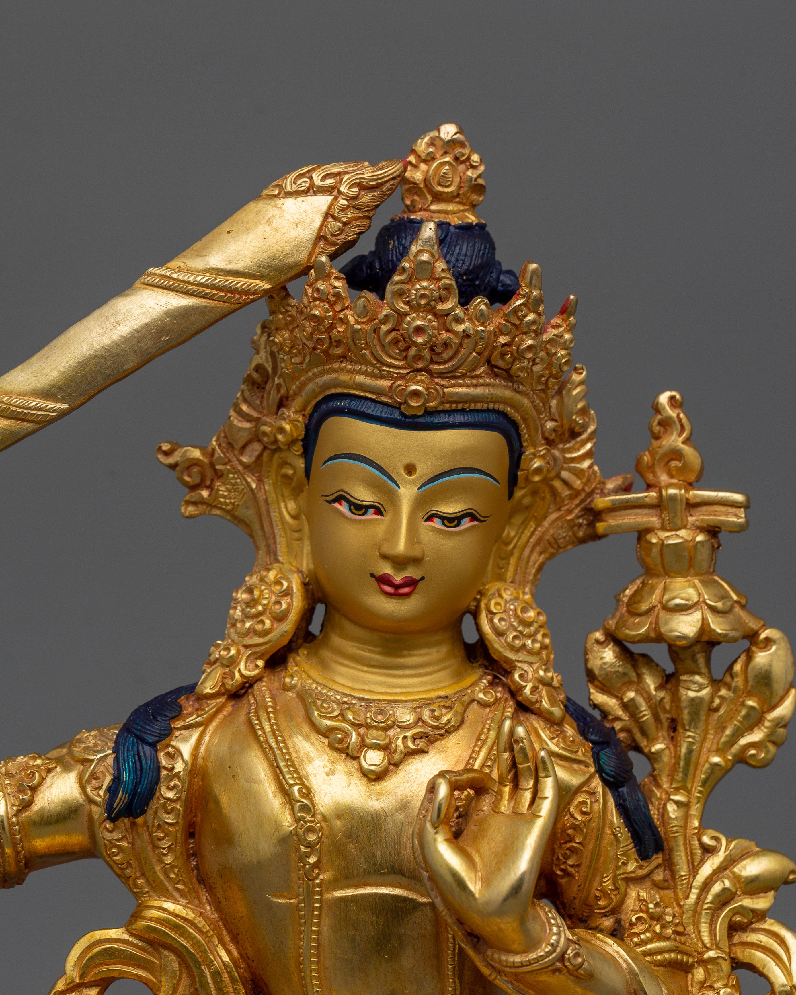 Wisdom Deity Manjushri Figurine | 24K Gold Gilded Teacher of the Buddhas