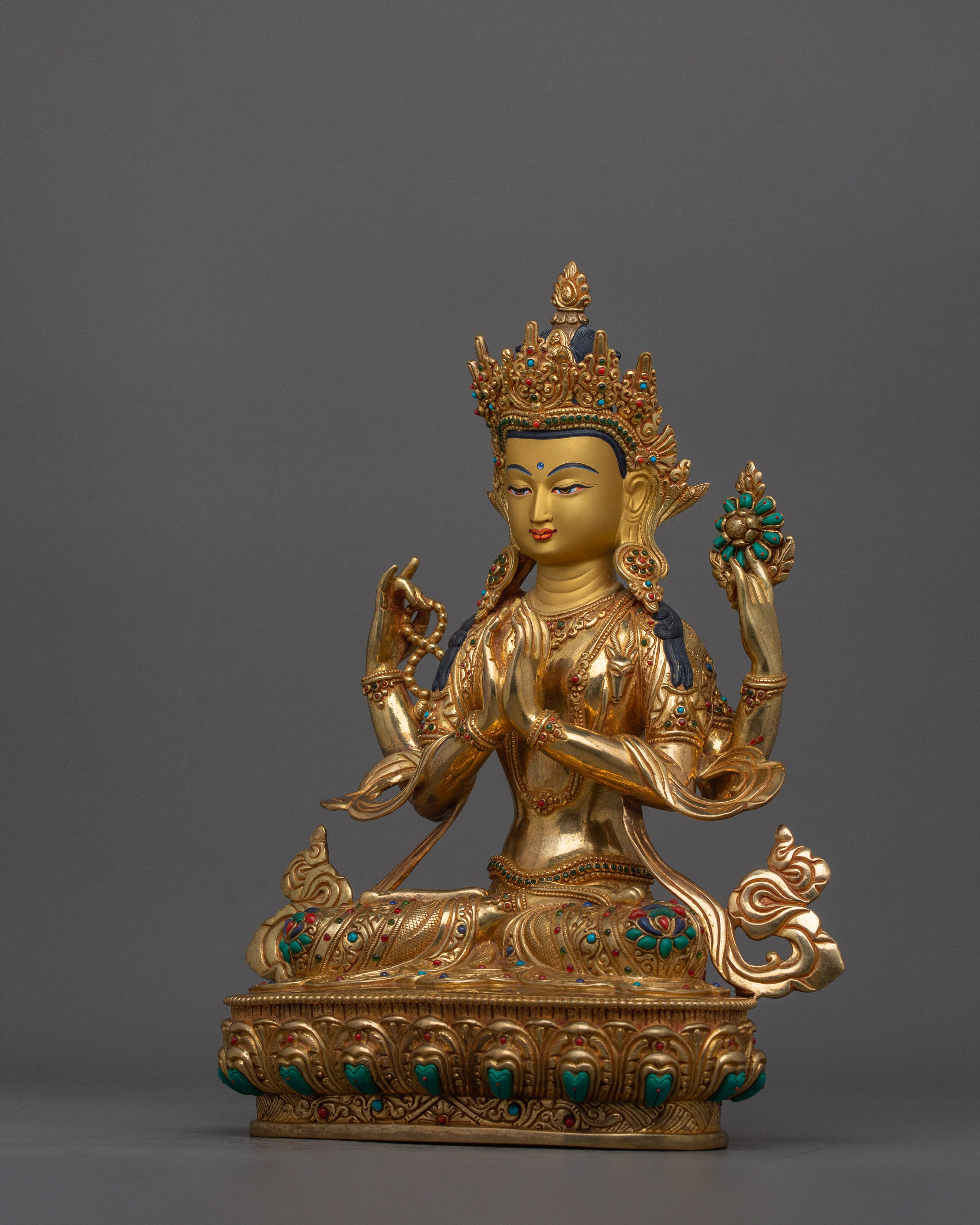 Gold Chenrezig Handmade Statue | Compassionate Boddhisattva Deity