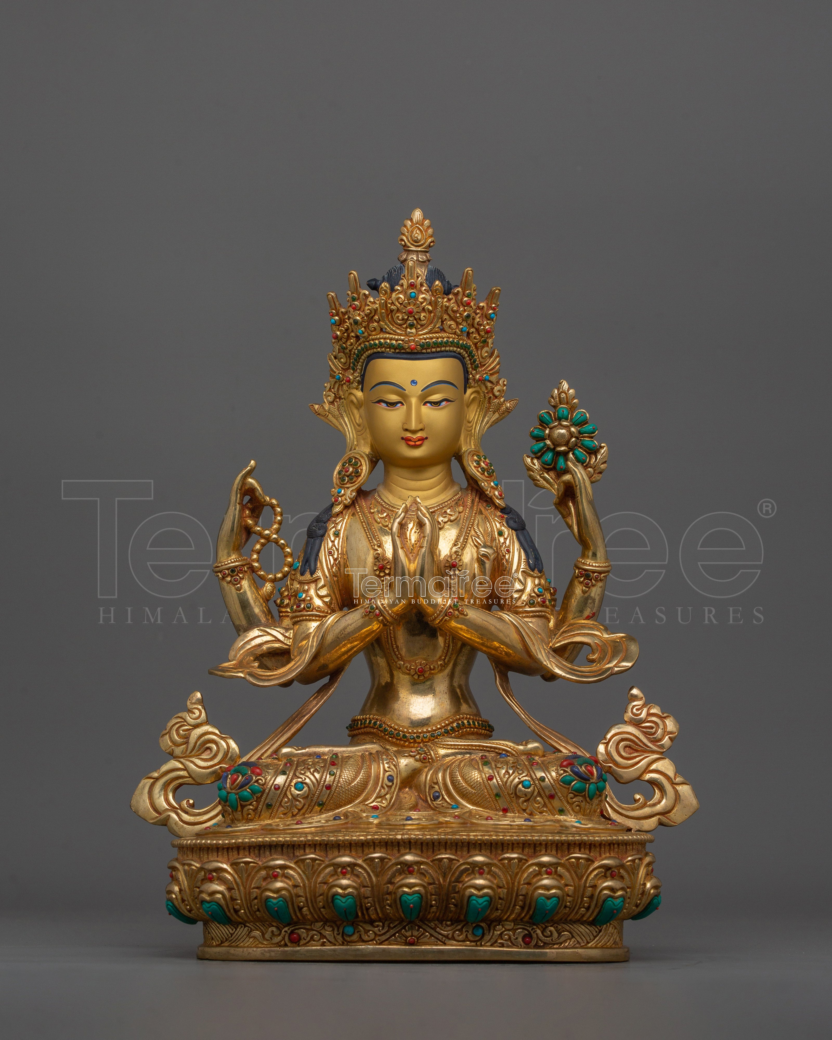 Gold Chenrezig Handmade Statue | Compassionate Boddhisattva Deity