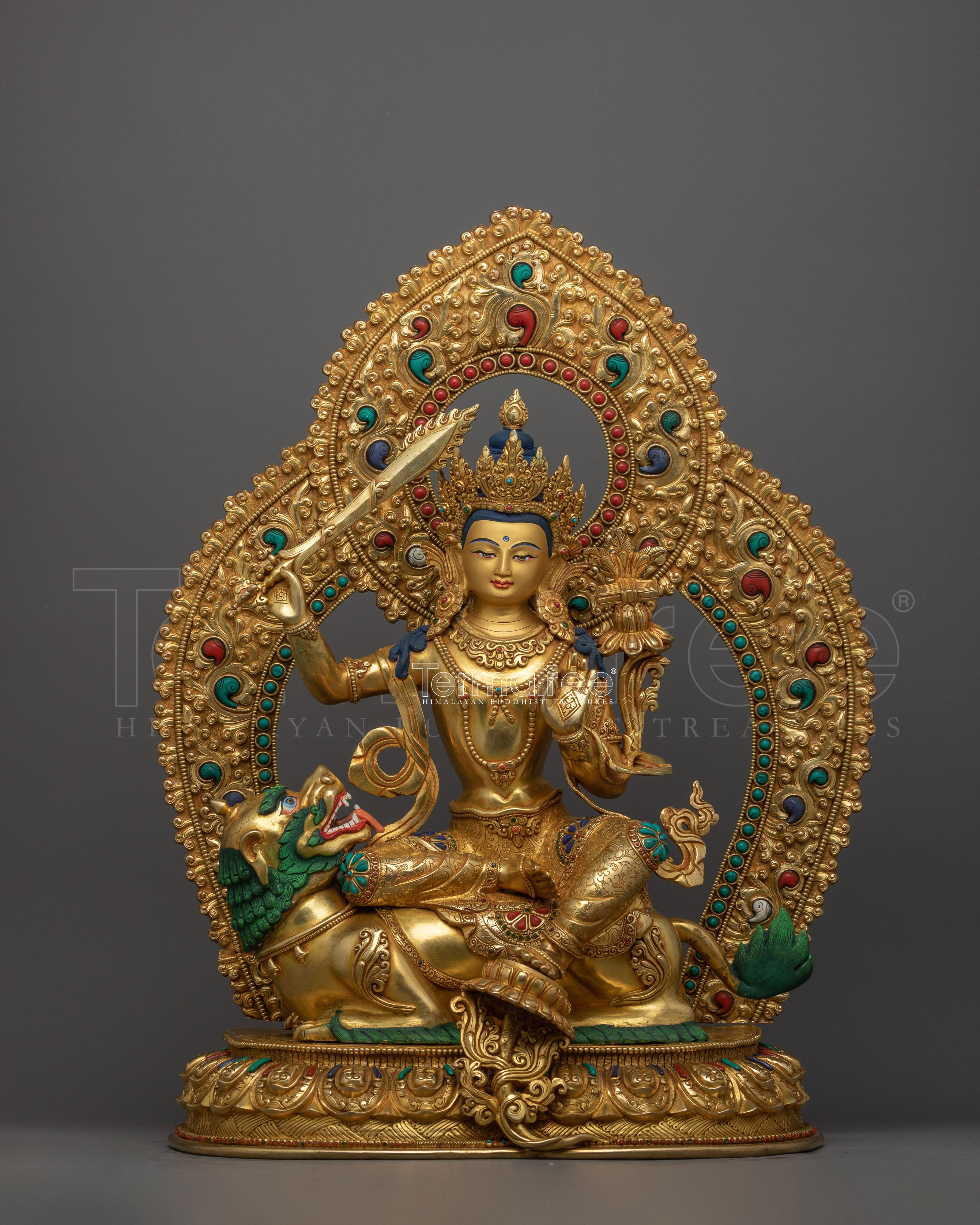 Wisdom Deity Simhanada Manjushri Statue on a Lion | Handmade in Nepal