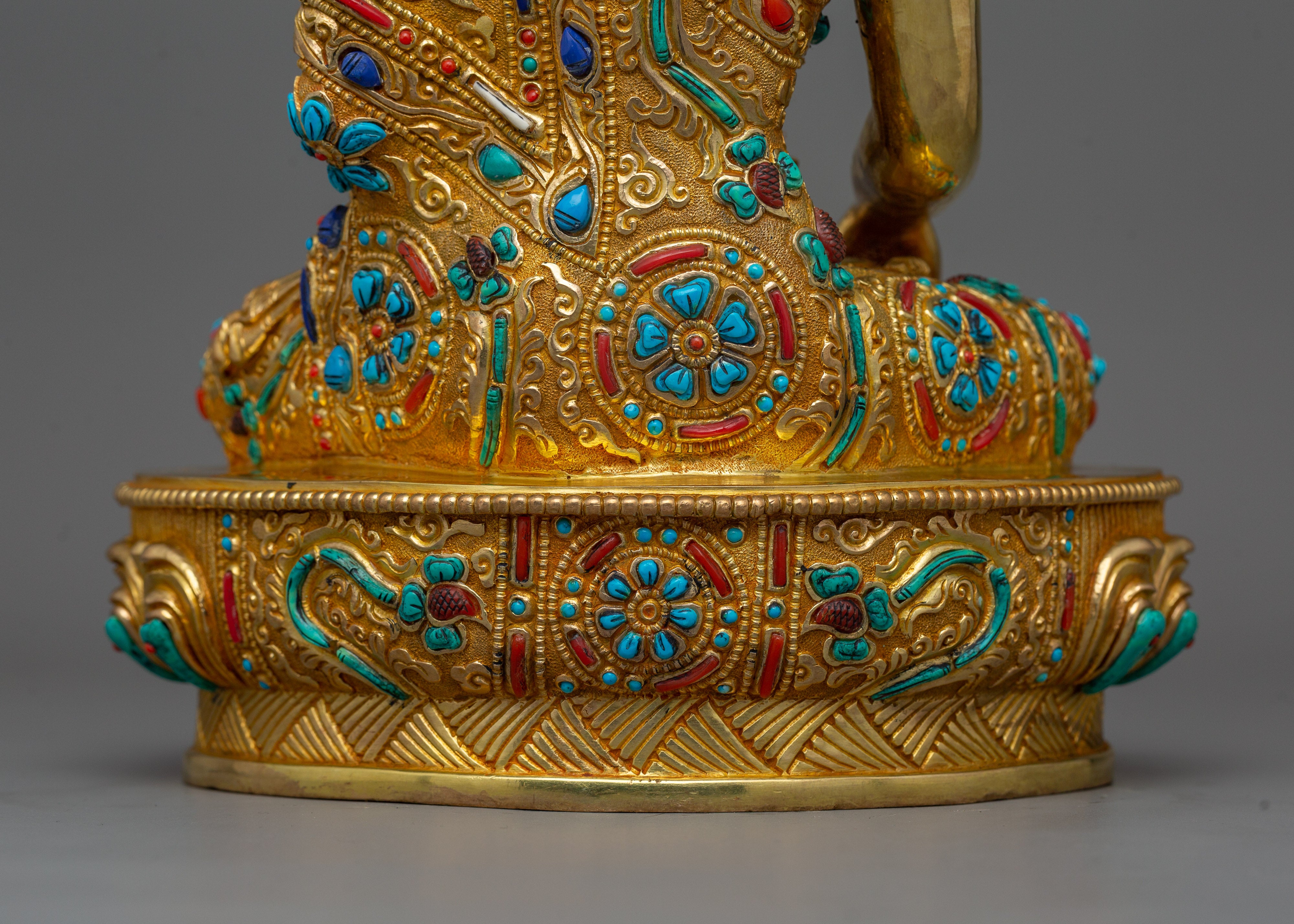 Shakyamuni Buddha adorned with Gemstone Statue | 24k Gold Gilded Sculpture