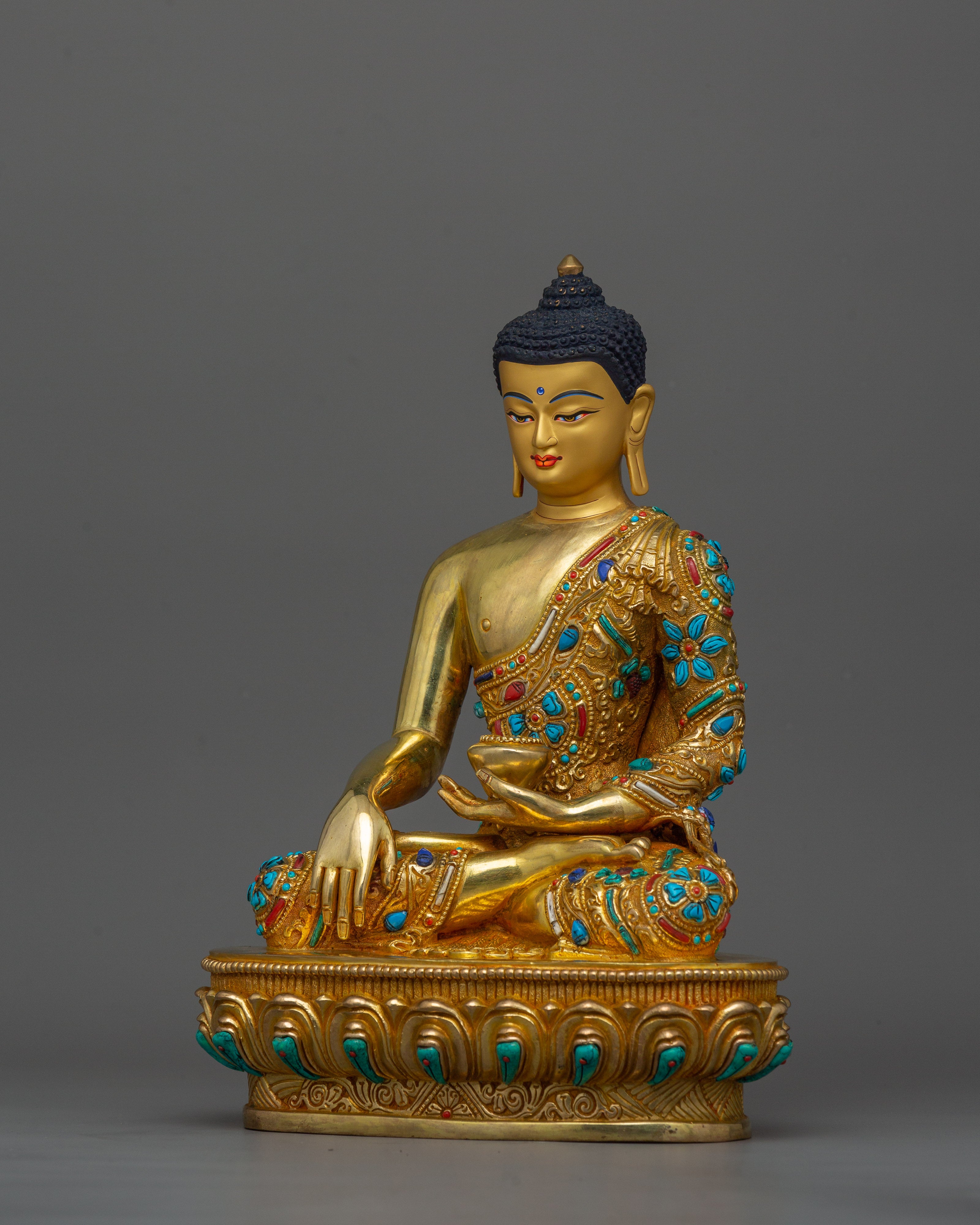 Shakyamuni Buddha adorned with Gemstone Statue | 24k Gold Gilded Sculpture