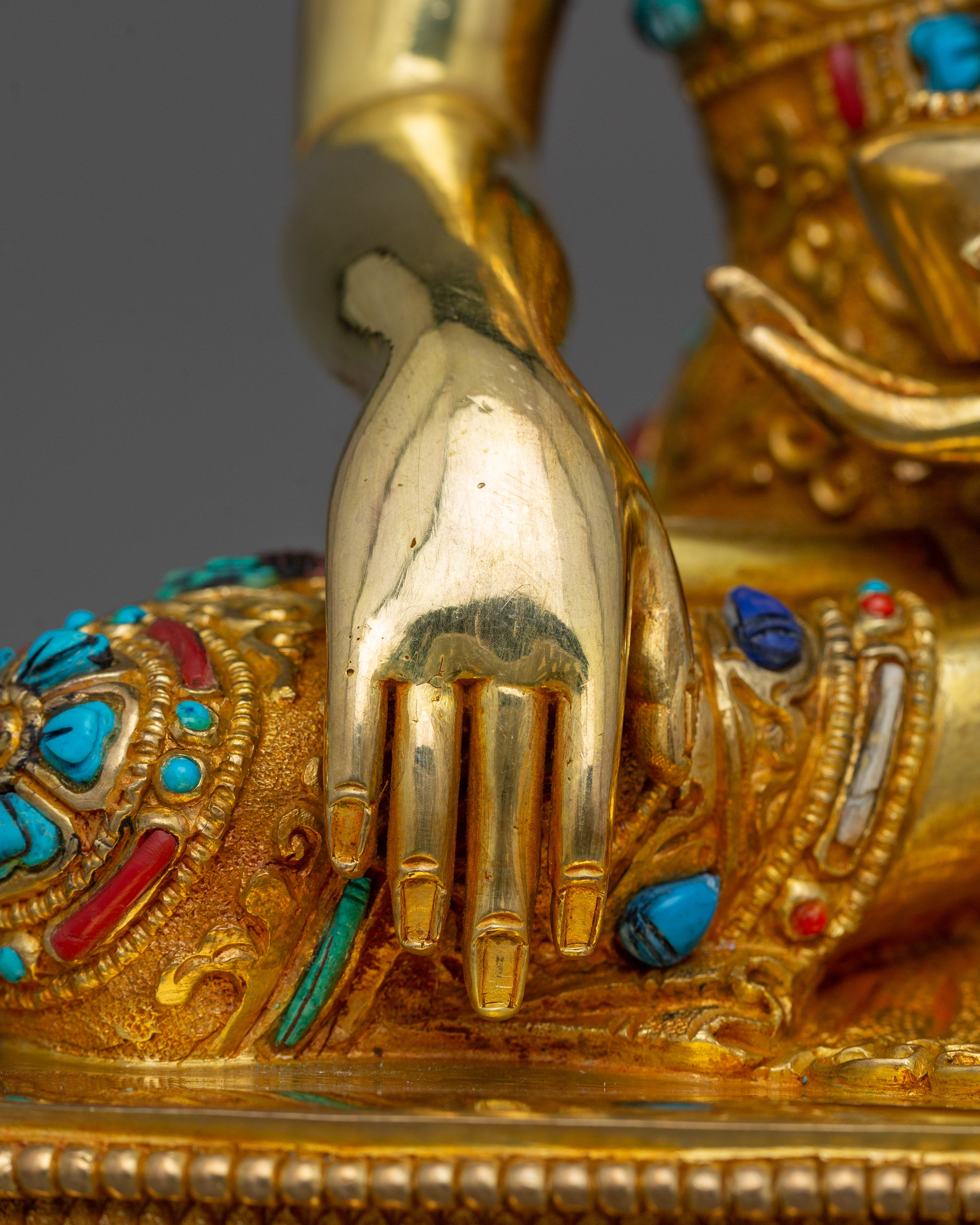 Shakyamuni Buddha adorned with Gemstone Statue | 24k Gold Gilded Sculpture