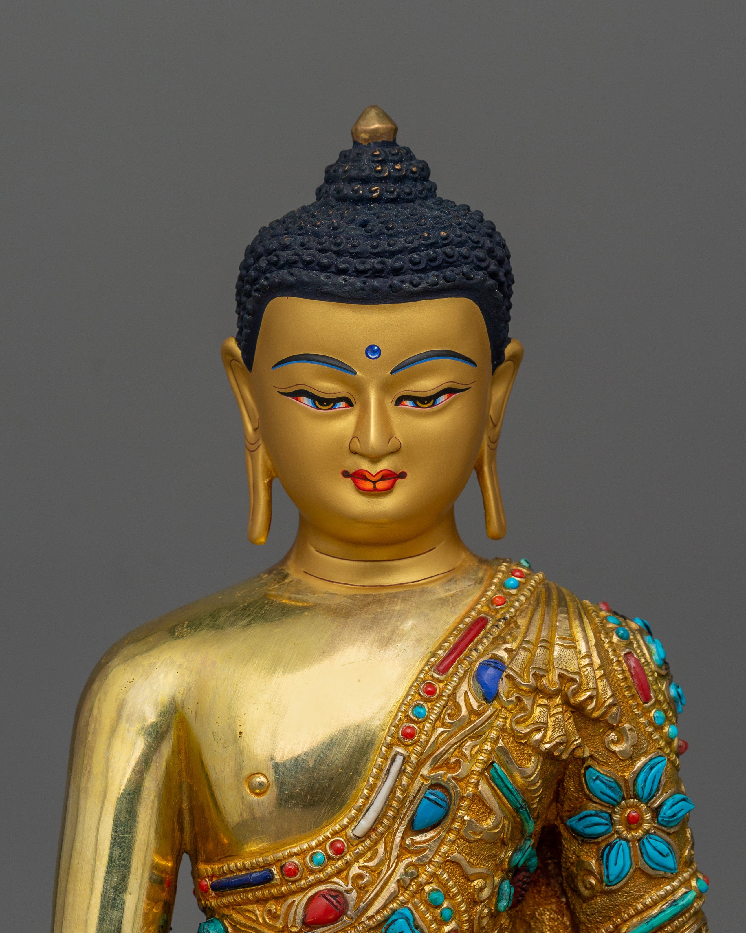 Shakyamuni Buddha adorned with Gemstone Statue | 24k Gold Gilded Sculpture