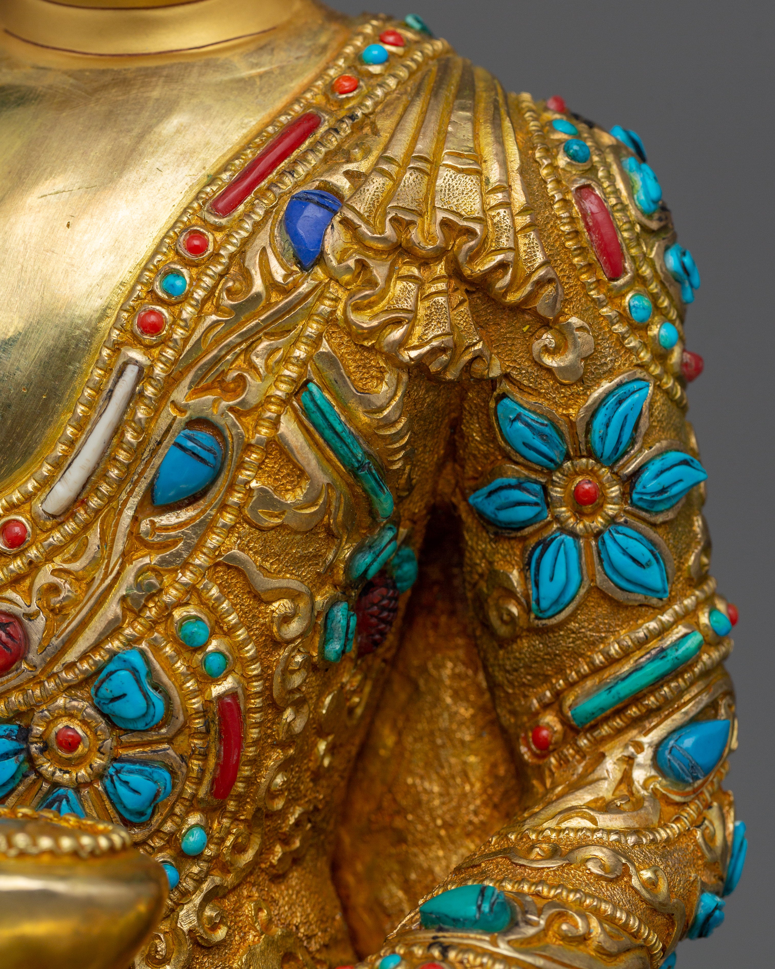 Shakyamuni Buddha adorned with Gemstone Statue | 24k Gold Gilded Sculpture