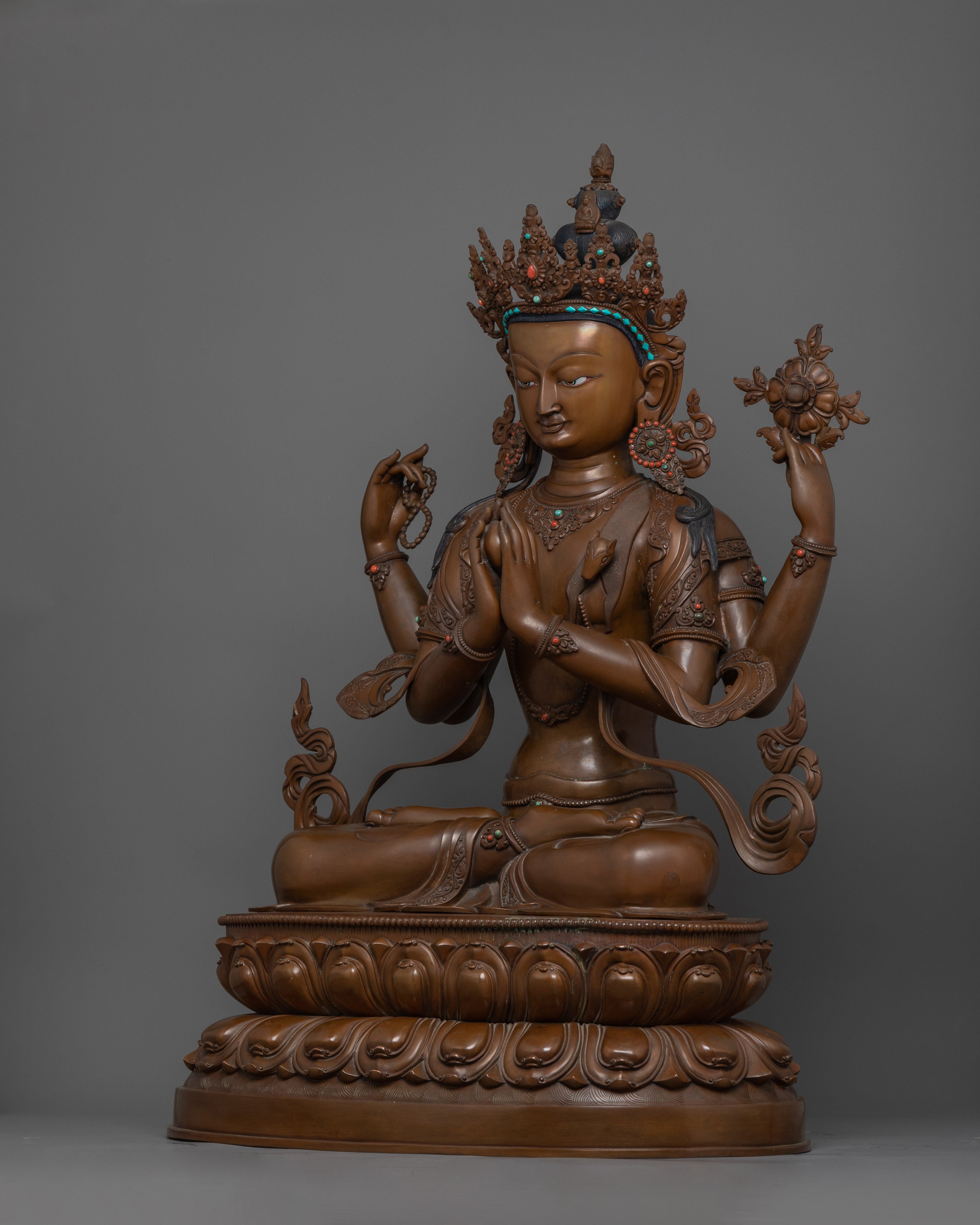 Tibetan Four-Armed Chenrezig Handcrafted Oxidized Copper Figurine | Compassion and Serenity
