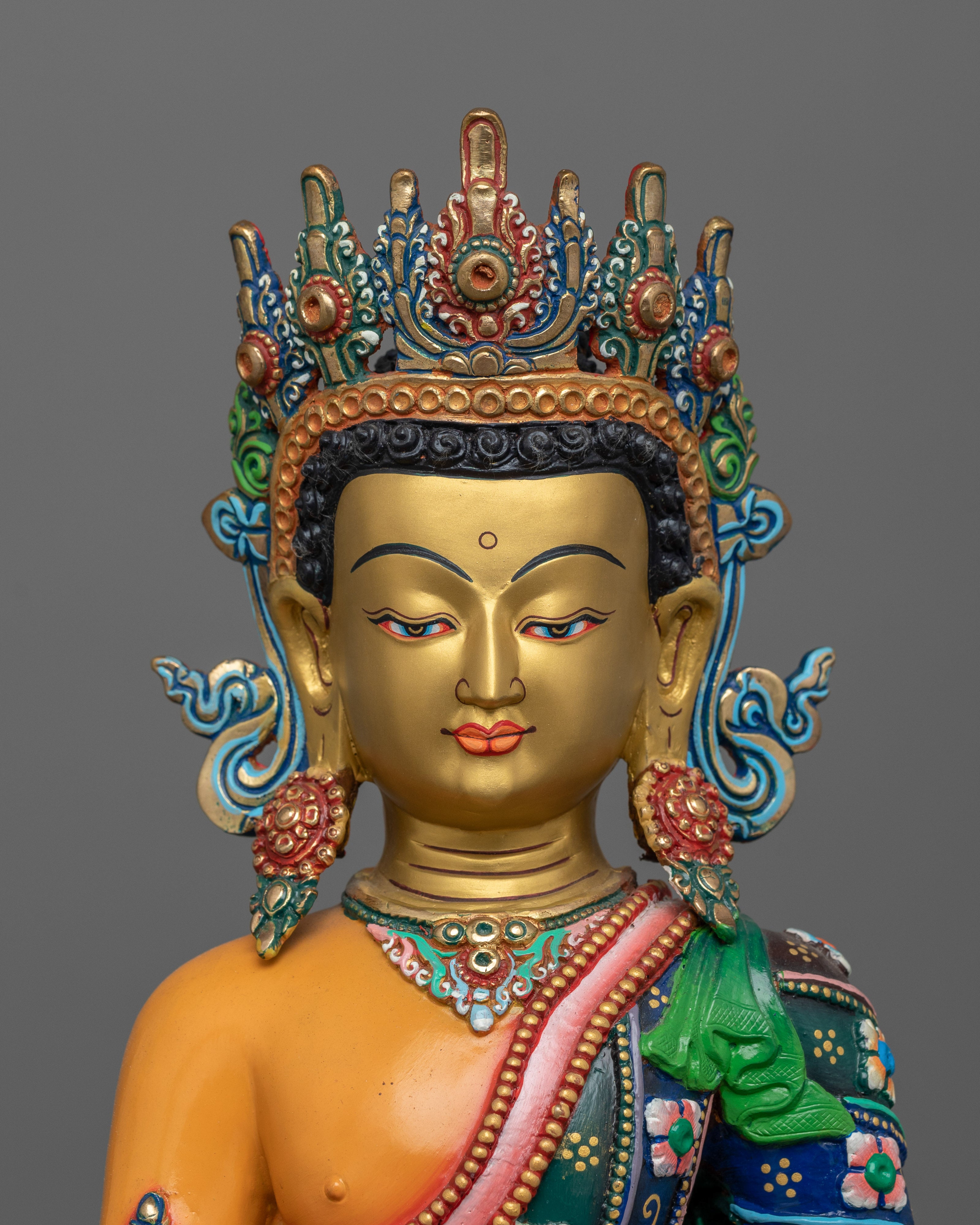 Colorful Crown Shakyamuni Buddha Statue | Handmade in Nepal