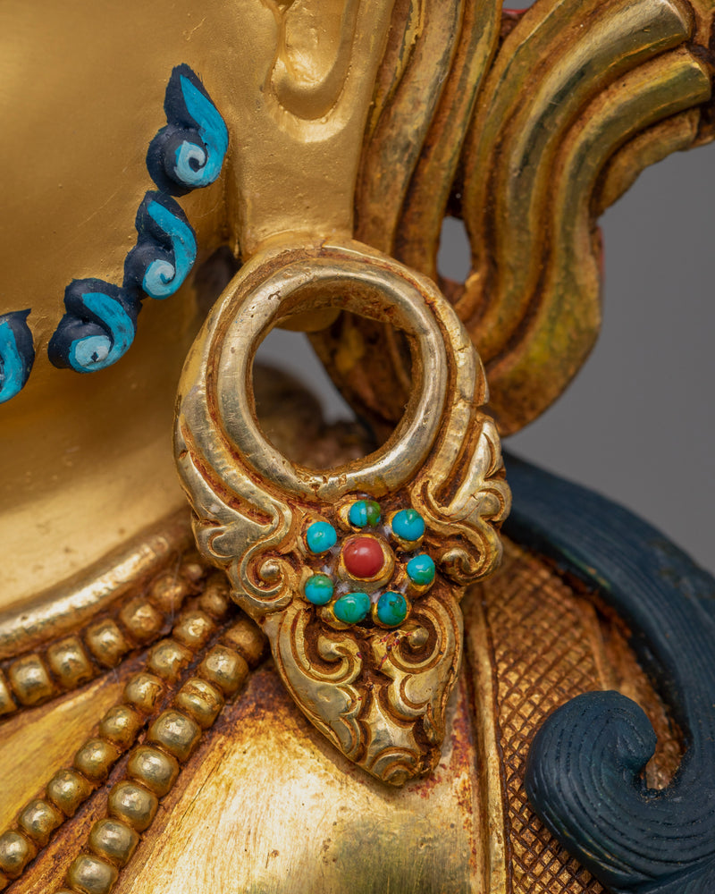 13-Inch 24K Gold-Gilded Dzambhala Statue | Gemstone-Embellished Sculpture
