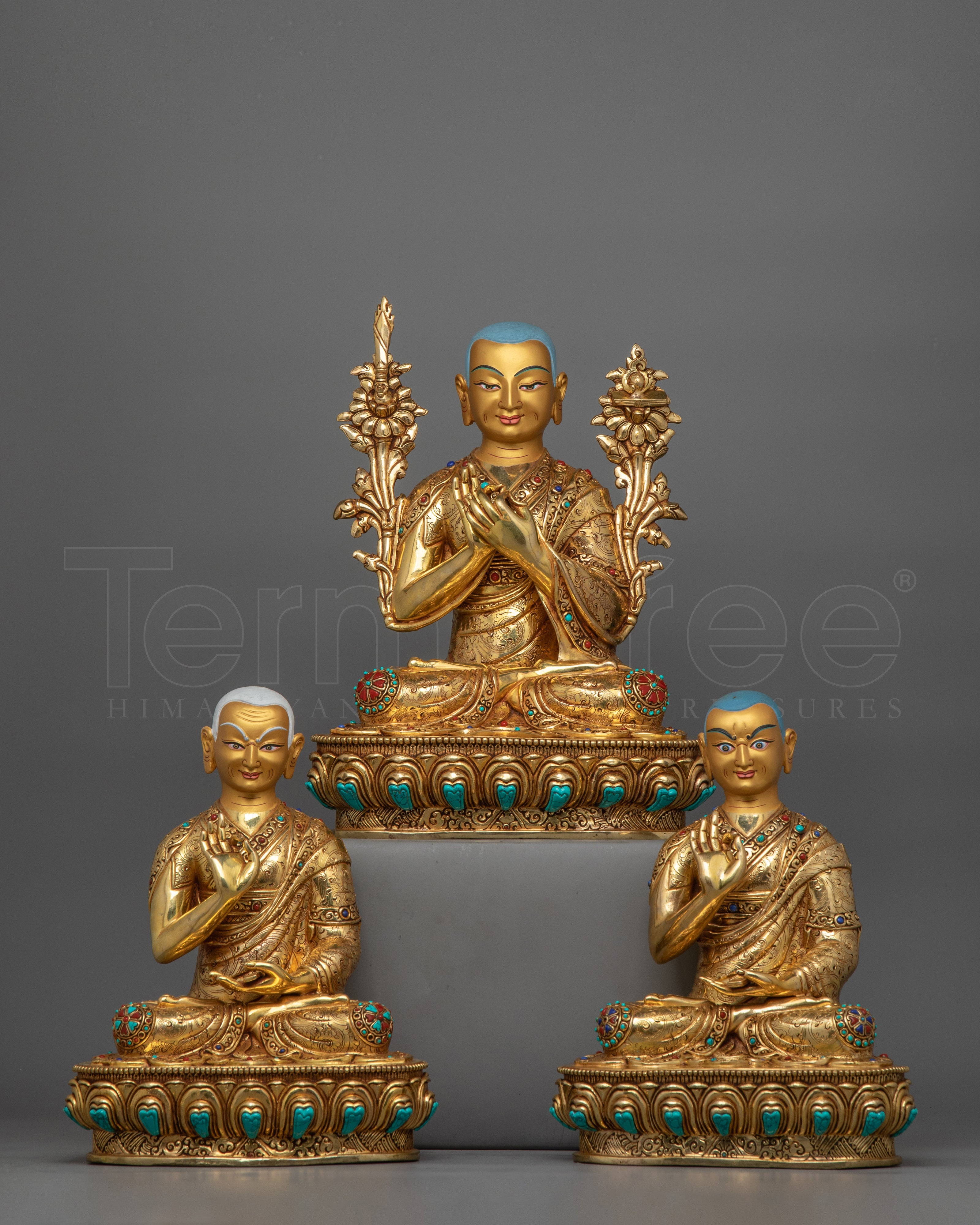 Religious Meditative Tsong Khapa Set Statue | Handcrafted 24K Gold Gilded