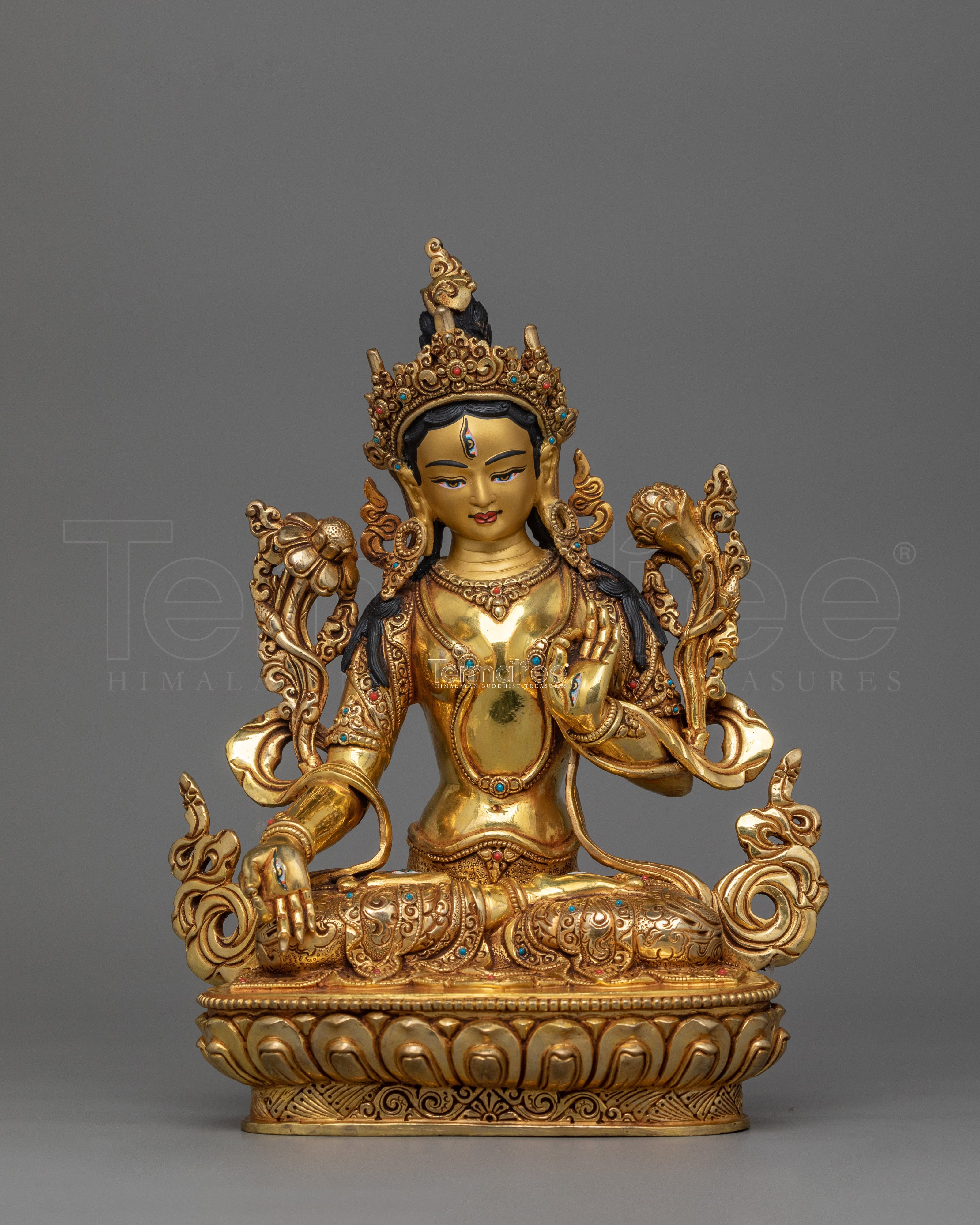 24K Gold Gilded White Tara Statue For Shrine | Symbol of Longevity and Enlightenment