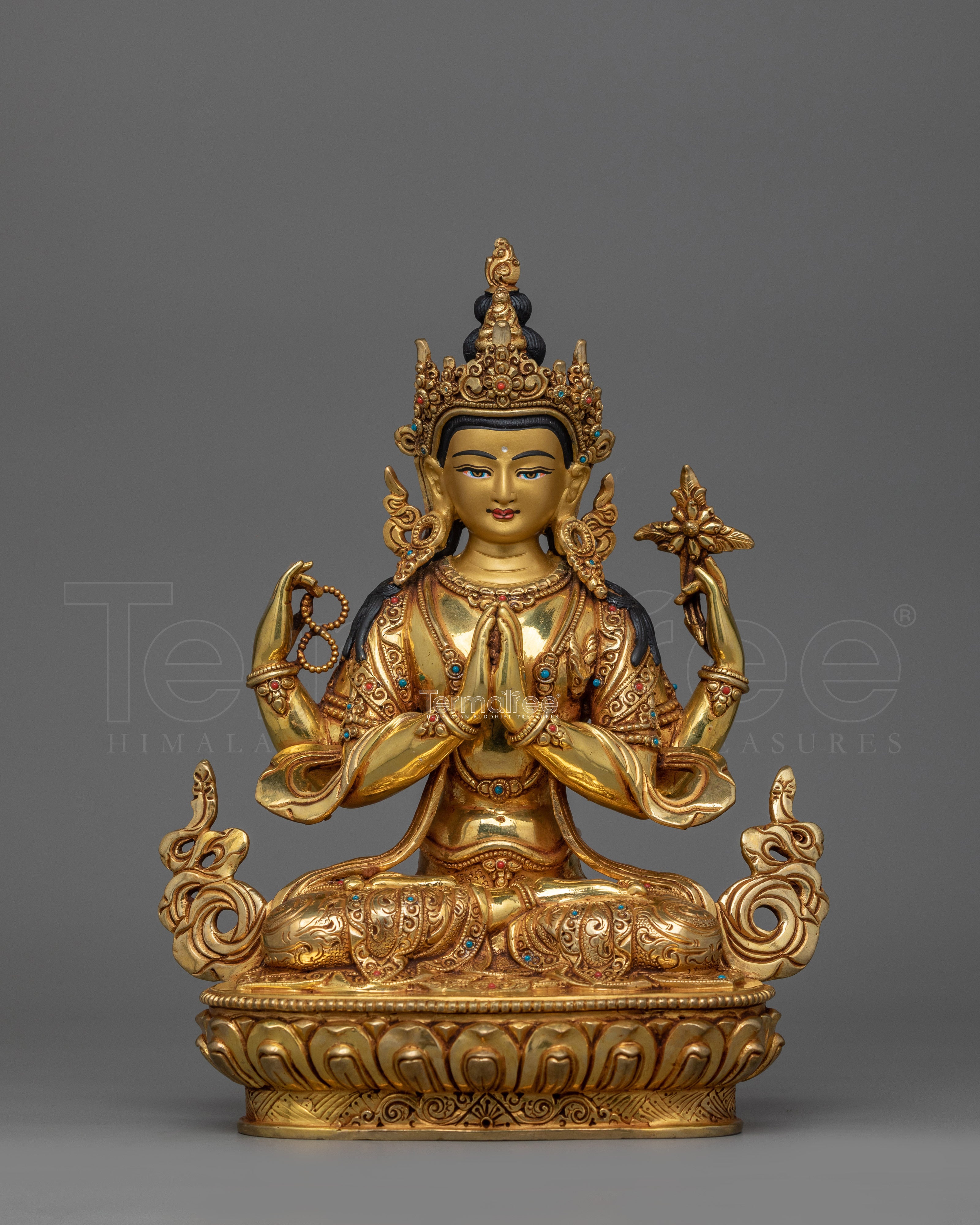 24K Gold Gilded Four Armed Chenrezig Figurine | The Bodhisattva of Compassion