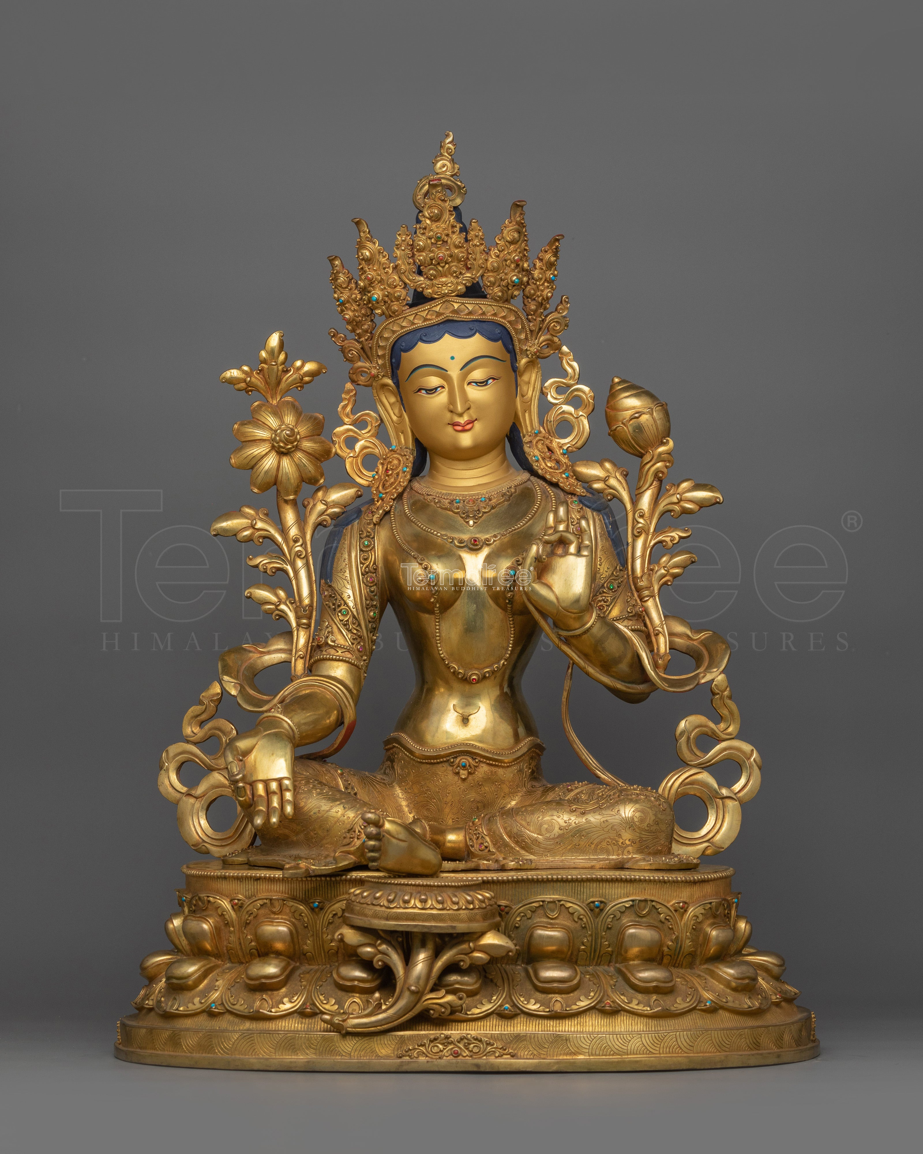 Green Tara Holding a Lotus of Compassion Figurine | Tibetan Green Tara Goddess Statue