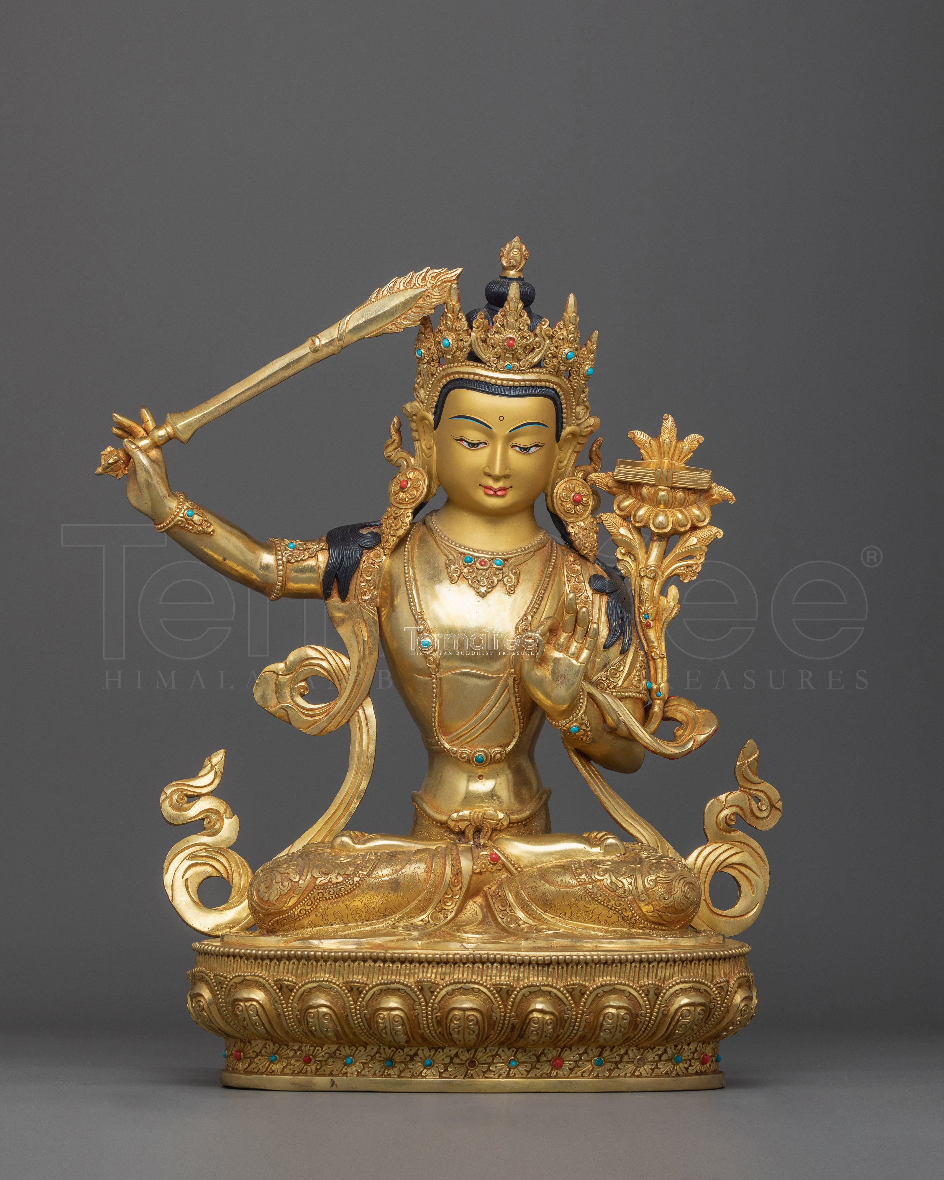 24K Gold-Gilded Statue of Manjushri with Wisdom Sword | Enlightened Deity Figurine