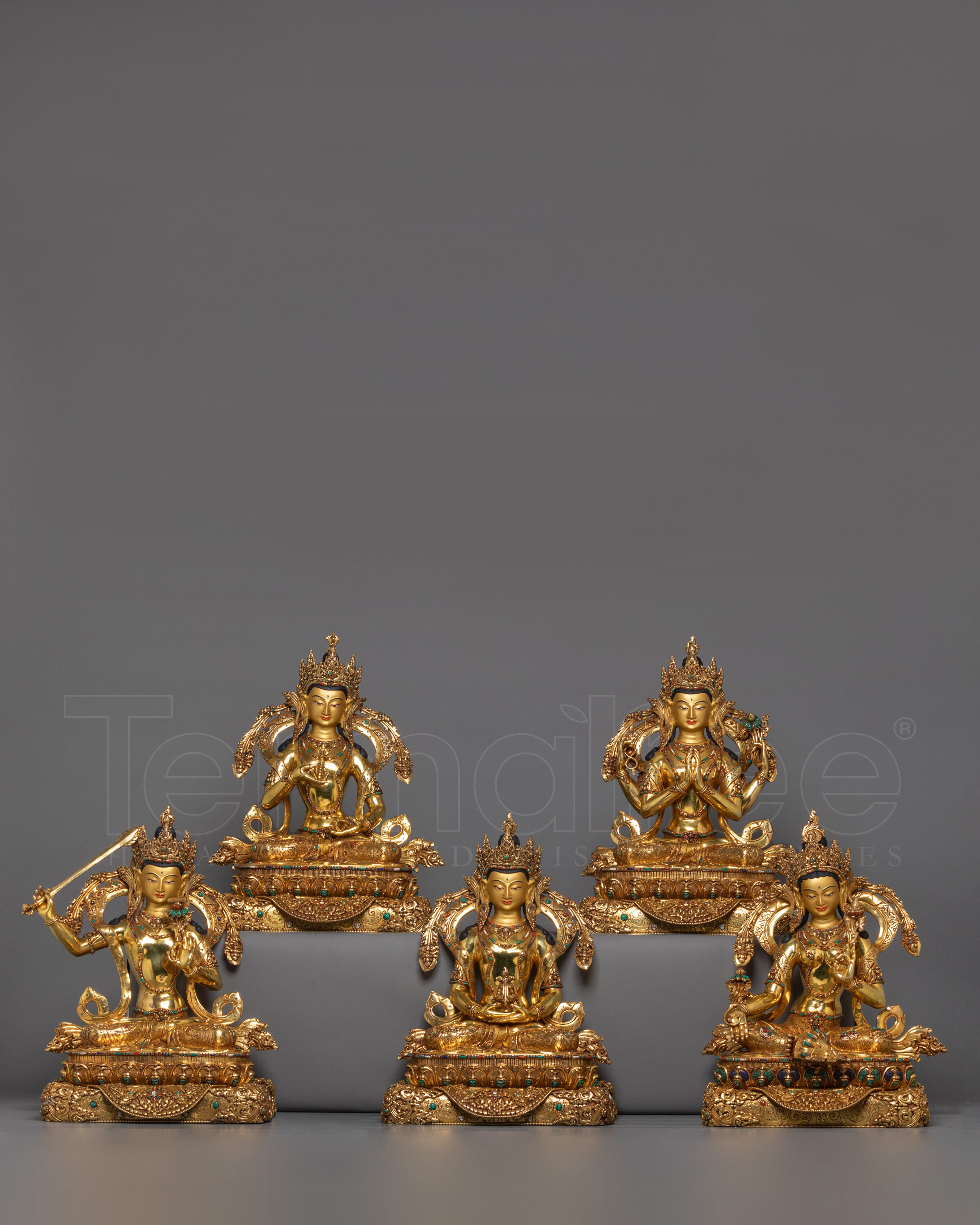 Himalayan Five Bodhisattva Set Figurine | Gold Gilded Buddhist Statue Set