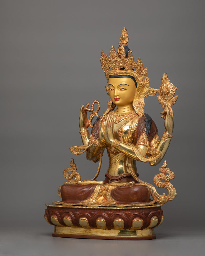 Chenrezig Four-Armed Compassion Deity Sculpture | Bodhisattva with Unwavering Eyes