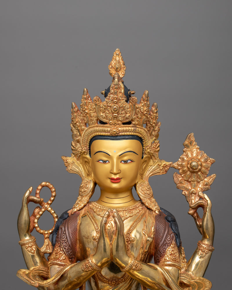 Chenrezig Four-Armed Compassion Deity Sculpture | Bodhisattva with Unwavering Eyes