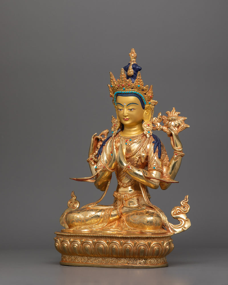 13.2 Inches Gold Gilded Chenrezig Statue | Symbol of compassion and enlightenment