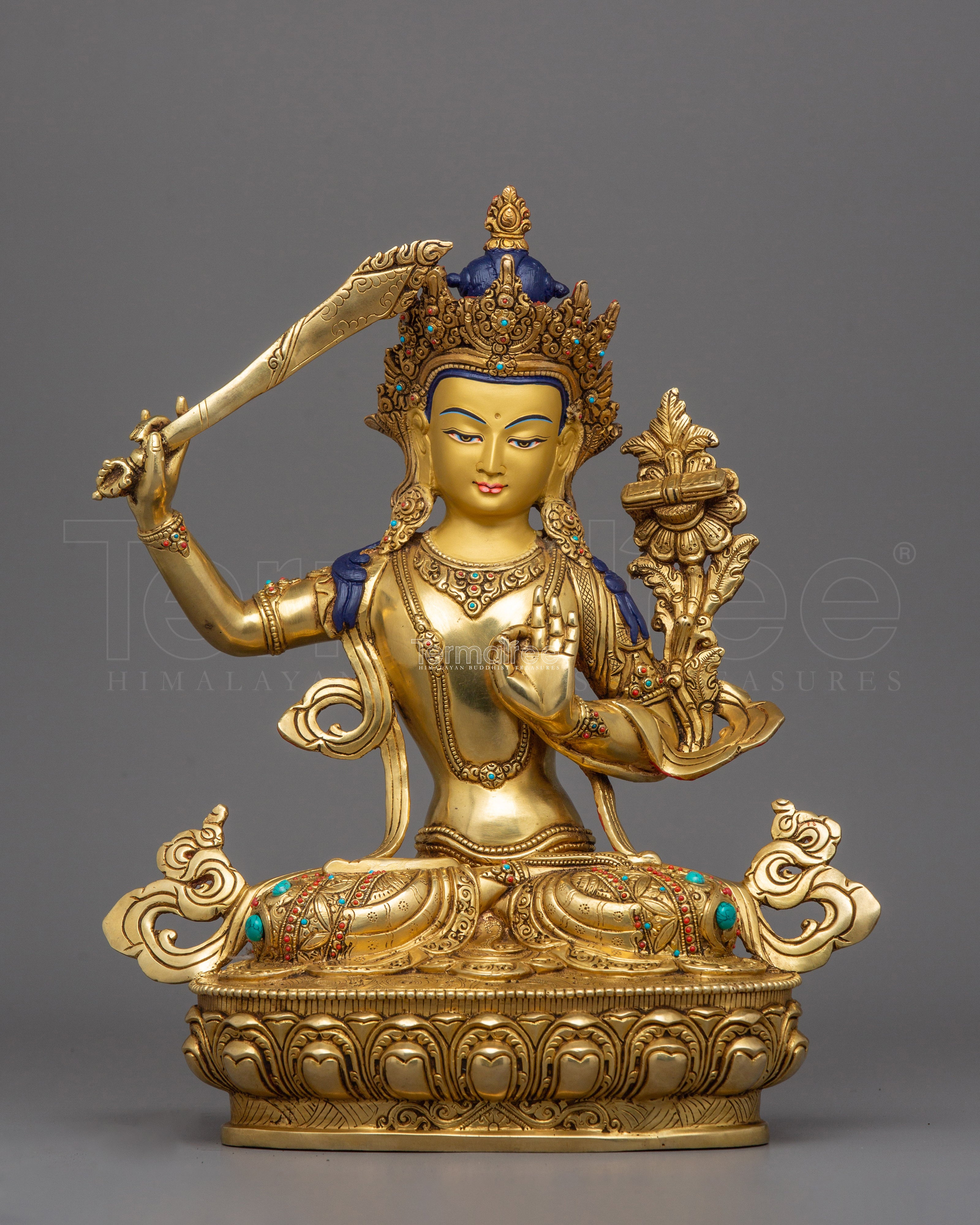Wisdom God Manjushri Statue | 24K Gold Gilded Tibetan Buddhist Art