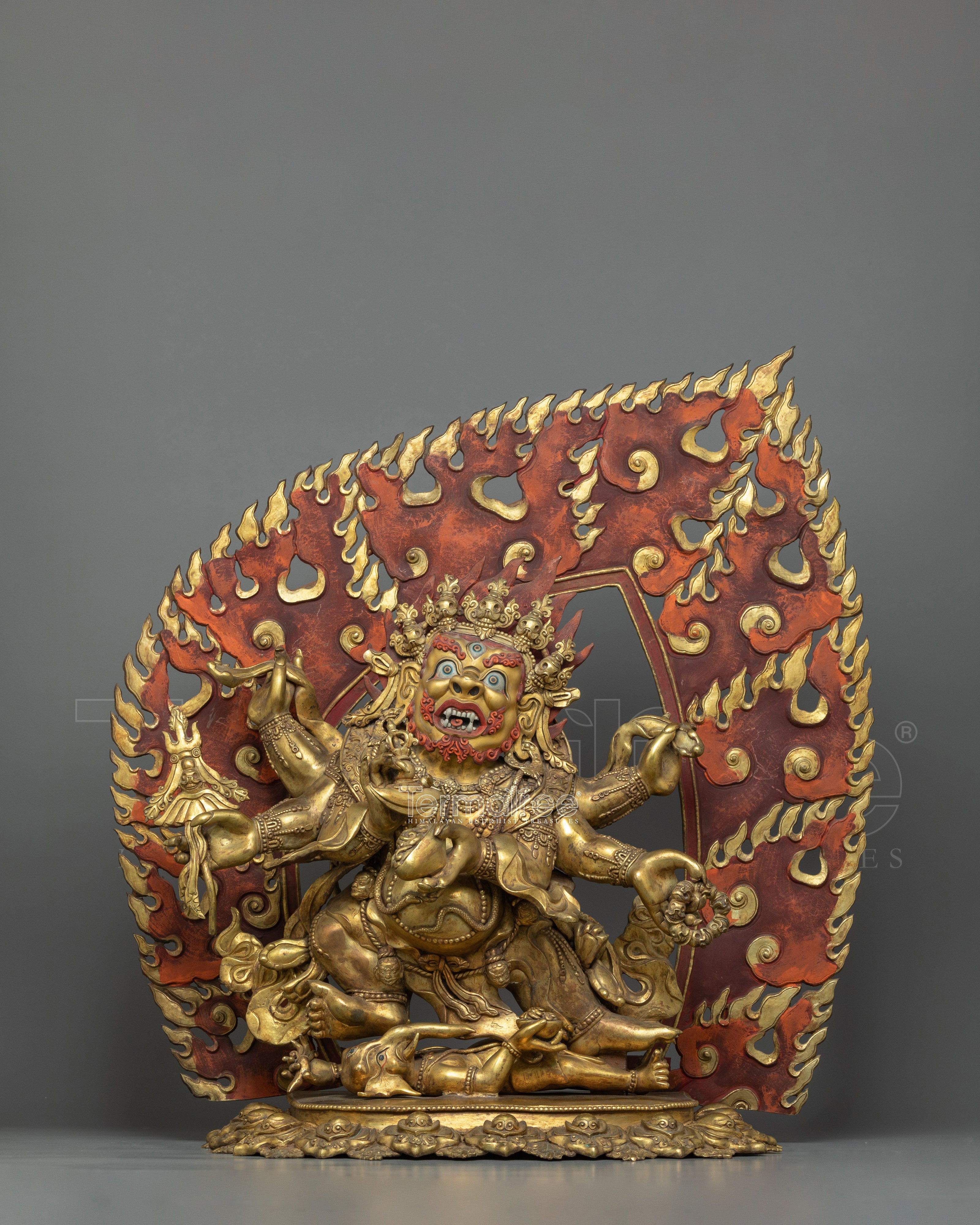 Traditionally Hand-carved Six-Armed Mahakala Figure | Buddhist Guardian of Dharma Statue